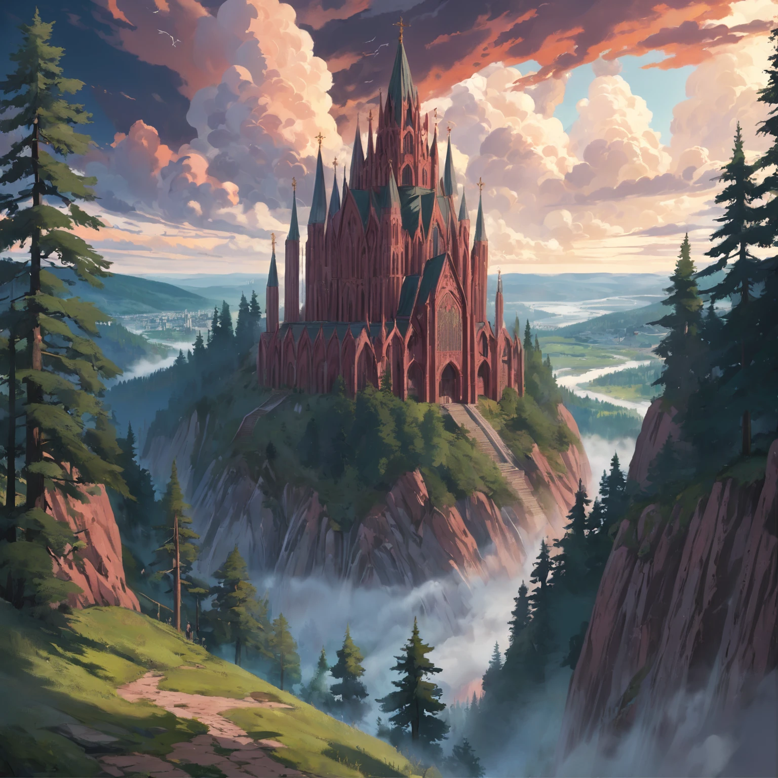 A huge tall Gothic cathedral made of red brick on a high hill in a coniferous forest, Hilly terrain, kali, flows next to the cathedral, Large cloudiness, Fog in the lowlands above the river, jour, high picture quality, High-definition image, max detail.