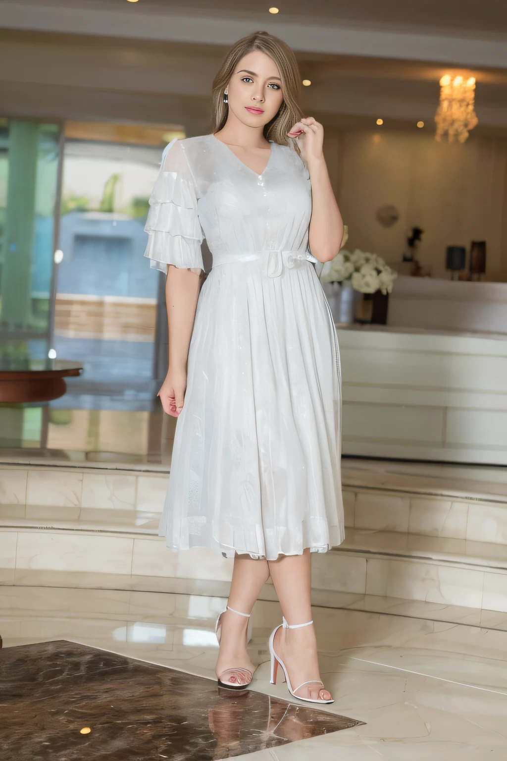 a woman in a white dress standing on a marble floor, wearing a white flowing dress, vestido de seda suave, Wearing a flowing dress, vestido branco elegante, white flowing dress, vestido elegante, rococo ruffles dress, translucent dress, romantic gown, vestido claro meio aberto, translucent silky dress, vestido branco de corpo inteiro, vestido cinza transparente, vestido longo feminino