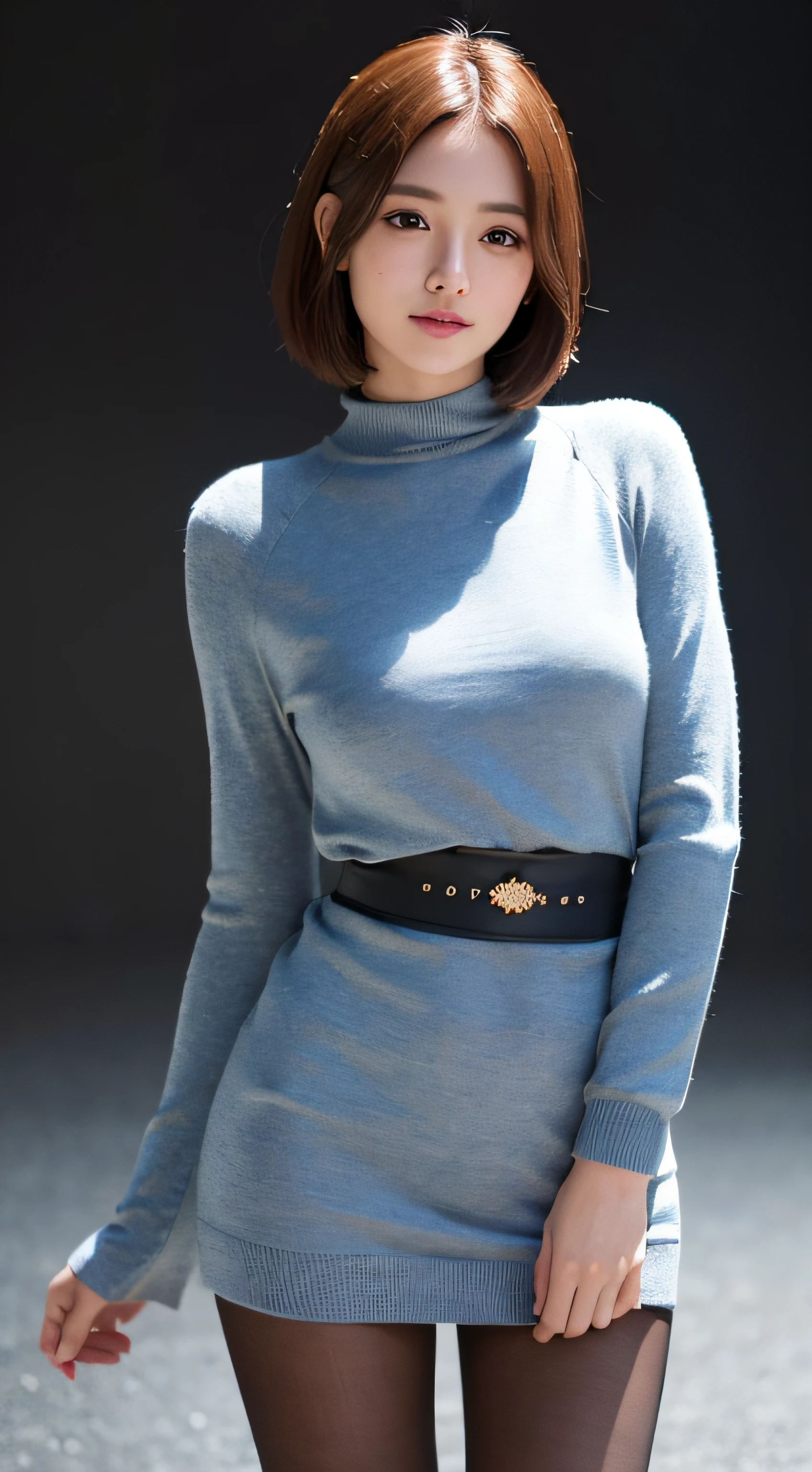 The face is :9,503917907], A real 19-year-old female college student from high society、Wear a knitted dress、 (Wear pantyhose、Very realistic pantyhose)、thighs thighs thighs thighs、height of 165cm, model in Japan, Short Layer Hair、japanaese girl, Neat and clean Japanese woman, A smile、Smile、Japan goddess, Innocence、Realistic pantyhose、RAW photo, (8K、top-quality、tmasterpiece:1.2)、(intricately details:1.4)、(Photorealsitic:1.4)、octane renderings、Complex 3D Rendering Ultra Detail, Studio lights, rim lights, vibrant detail, super detailing, Realistic pantyhose、realistic skin textures, Detal Face, Beautiful detail eyes, Very detailed CG Unity 16k wallpaper, Make up - up, (detailedbackground:1.2), shiny skins、turning around、Bare with thighs!!!