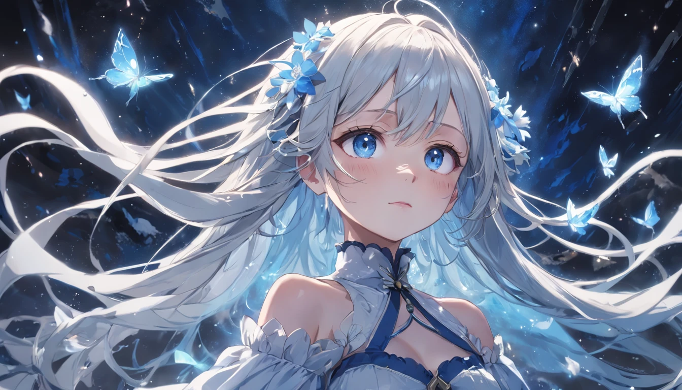Masterpiece, Best quality, cinematic Film still from, (down view),Dynamic Angle,Ultra-detailed, illustration, Close-up, straight on, 1girll, (fantasy:1.4), (azureblueeyes:1.233),Her eyes shone like dreamy stars,(Glowing eyes:1.233),(Beautiful and detailed eyes:1.1),(Silver hair:1.14),(Messy hair,Very long hair,french braid,hair between eye,side locks), (+(bule hair flower:1.14)),(Chiffon dress,bule flower pattern in uniform)/=(army suit:1.24),(Detached sleeves,Wide sleeves),(Fingerless gloves),choker necklace,(miko thighhighs),high heels boots,(Expressionless,Closed mouth),(standing), (classical Princess boudoir with dressing tableand french windowin a white ancient palaces),(White flowers,full bloom),(abyssal),(Flowing water),(a dull blue world tree:1.14),(废墟),(Night:1.2),Dreamy,soul,(Fluorescence),(flying translucent blue butterflies:1.15), [[Delicate fingers and hands:0.55]::0.85],(Detail fingers),(yubao:0.5),