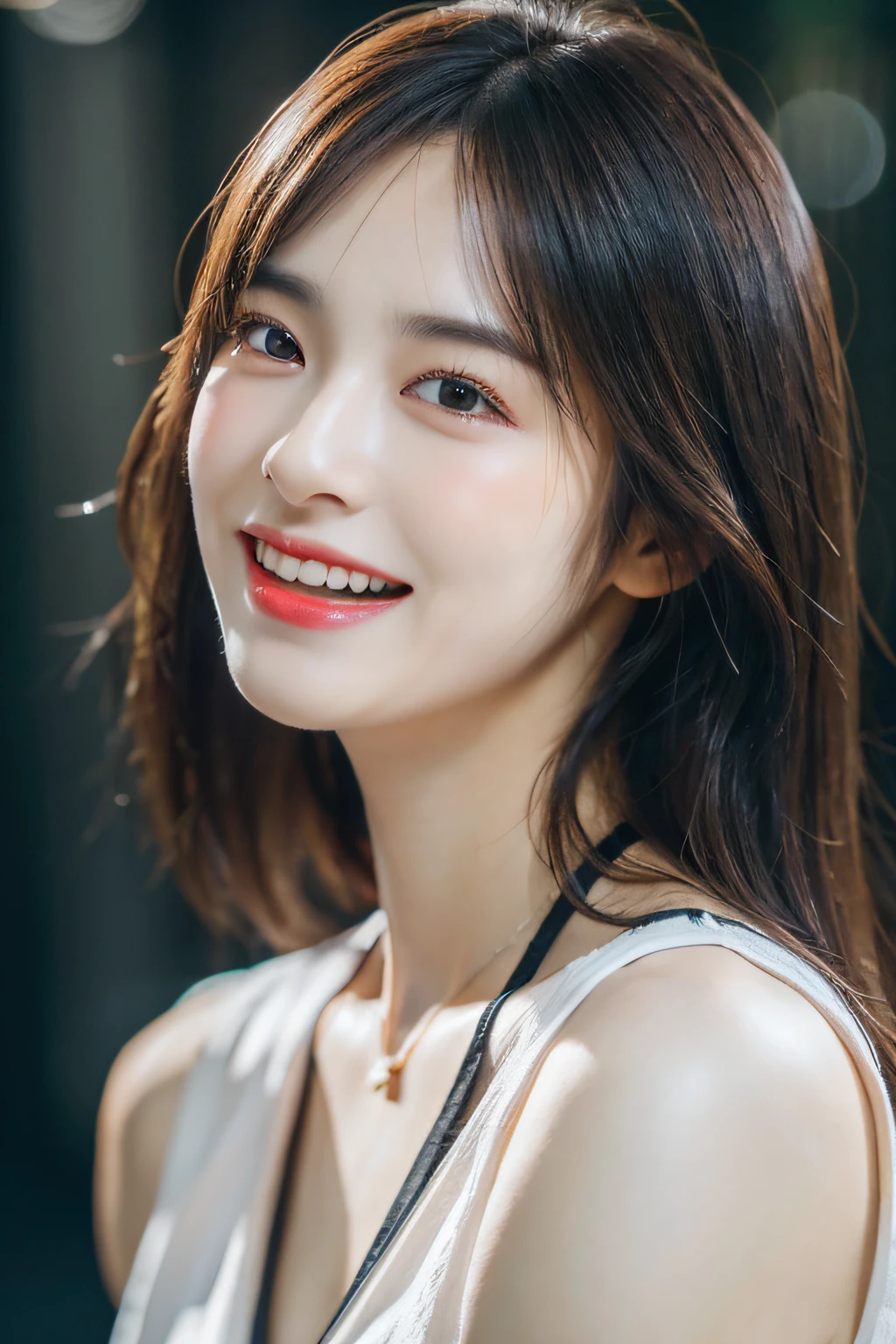 Dressed, (photographrealistic:1.4), (Hyper realistic:1.4), (Realistic:1.3), (Smoother lighting:1.05), (increase cinematic lighting quality:0.9), 32K, 1girl in,25-years old, Realistic lighting, Backlighting, Light on Face, raytrace, (Brightening light:1.2), (Increase quality:1.4), (Top quality real texture skins:1.4), finely detailed eyes, finerly detailed face, (tired and sleepy and joy:0), (Laugh:1.4), Black Suit,a necklace, (Increase body line mood:1.1), (Increase the beauty of skin texture:1.1)