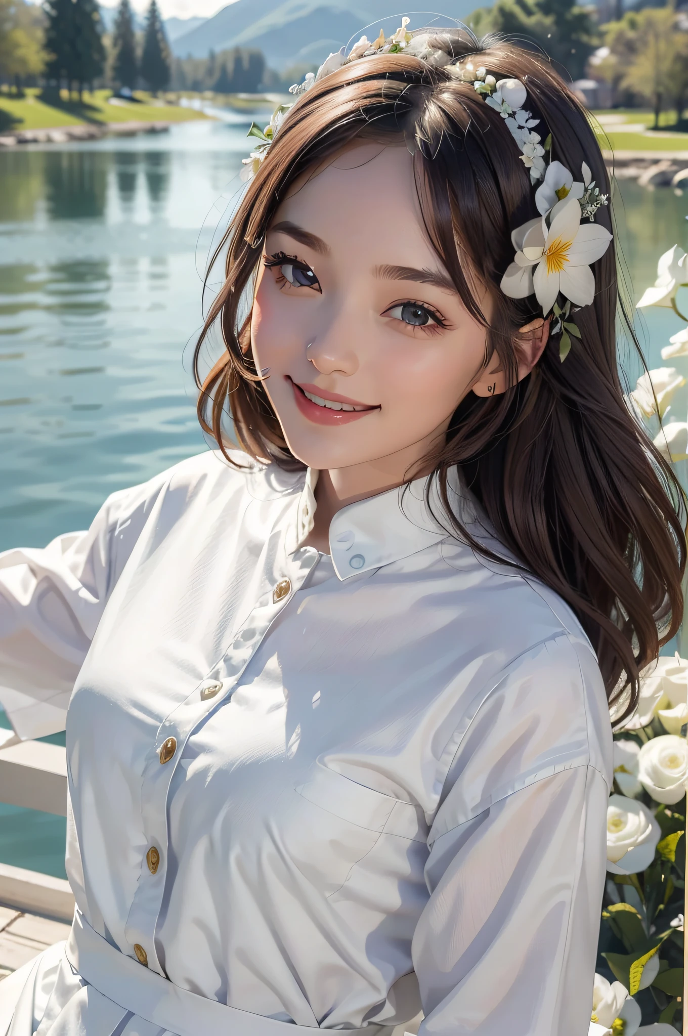A beautiful girl，A sweet smile，（Face details：1.2），Wearing a white uniform，fresh flowers，lakes，parks