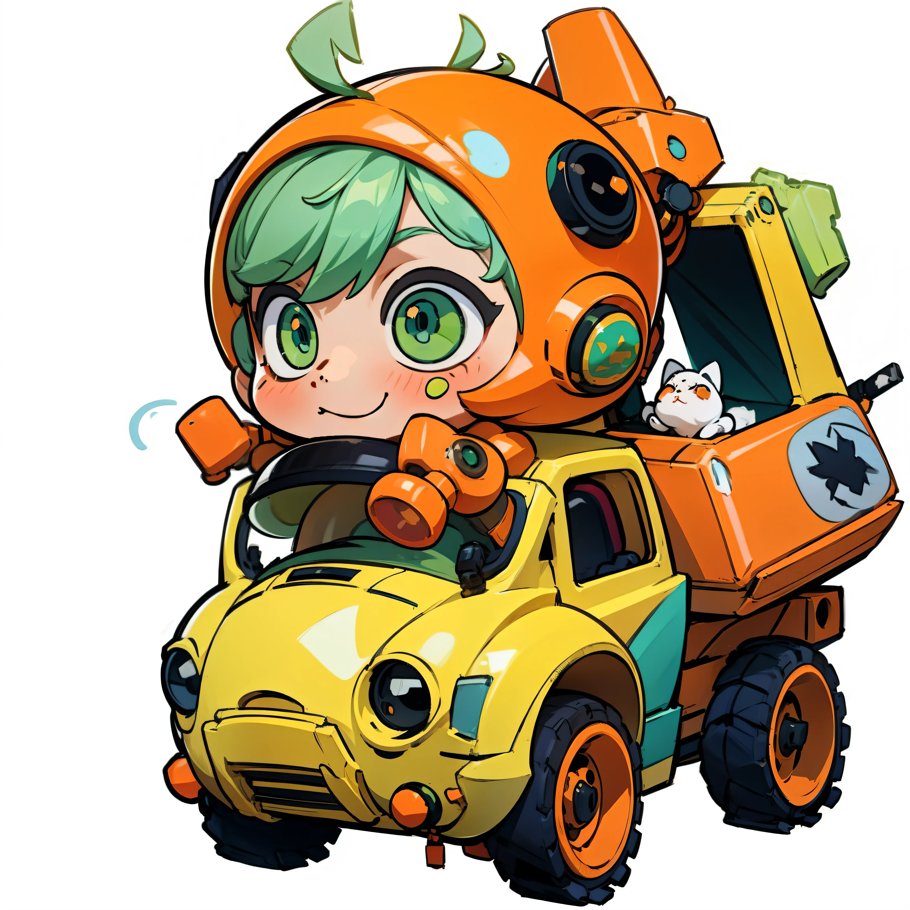 masutepiece, Best Quality, Full body shot, No background, White background, Man's, Chibi, Lil Bulldozer, green and orange, Baby, Robot