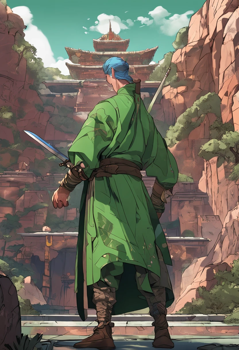 A male swordsman with green hair and inches,wearing a green robe