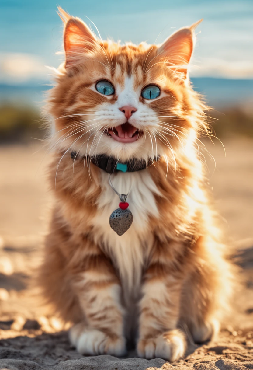 ("cat"), smileing, Radiant Eyes, fluffy fur, Playful look, lively and bright background, Summer day, Warm shades, Silvery Dawn