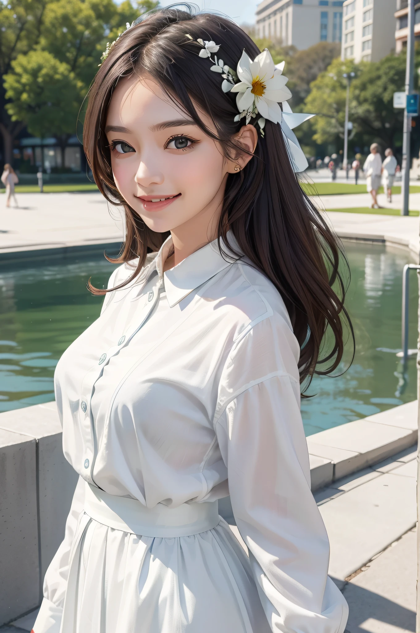 A beautiful girl,A sweet smile,(Face details:1.2),Wearing a white uniform,fresh flowers,lakes,parks
