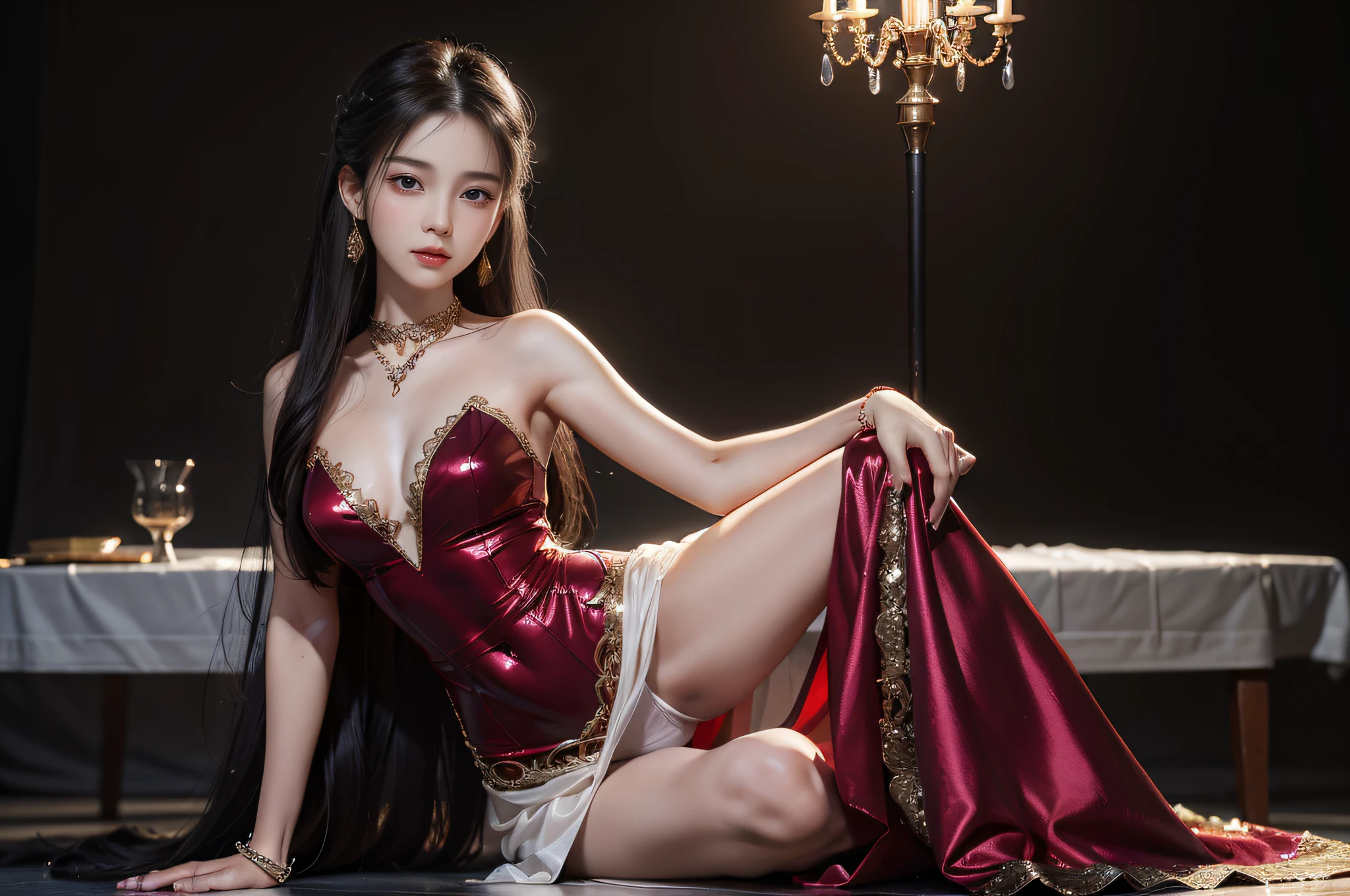 BestWorks,Ultra-high quality work,8K HD CG production,High-quality graphics,3D HD CG photos,Ultra-high pixel,Super refined:1.1,technical detail:1.1,Interior lighting effects:1.1,Natural dimming,Light effect,Super high resolution,Fashion clothing photos,Egyptian female face,Long black hair,Clear strands of hair,Careful hair texture(Premium hair details:1.1)Beautiful and delicate eyebrows and eyelashes,largeeyes,Light red eyes,Sexy red lips,Perfect lip shape,clear skin texture,wetted skin(Advanced facial details:1.1)The face of the flawless goddess,Perfect body shape,Big for supermodels,Cocked buttocks,Small man's waist,Long legs,(Premium body details:1.1),Glossy,Wear evening dresses,Sequin evening dress,Dress dress,Silk scarf,Lace dress(Premium lace detailing:1.1)Bright red,high-heels,stocklings,Wear jewelry,耳Nipple Ring,choker necklace,Bracelet,At the dinner party,fully body photo,Costume art photos,High quality work