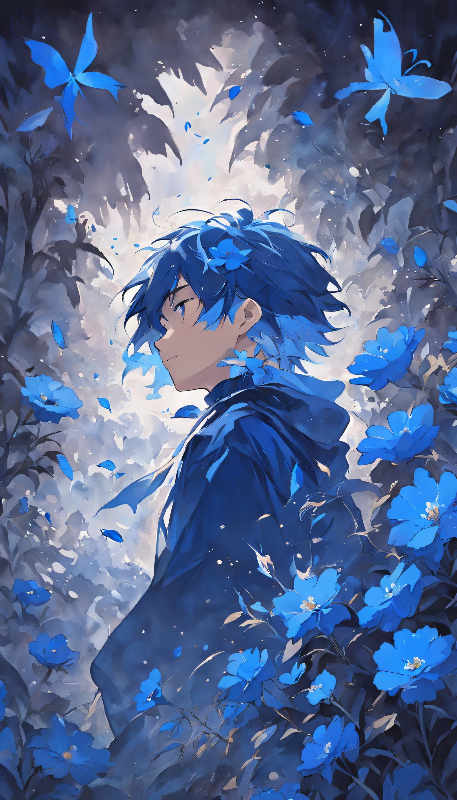 Blooming blue flowers flutter in the wind,The boy in the flower,Dark blue and silver design,Pay attention to the texture of the skin and flowers,Sony FE 12-24mm F/2.8 gm,Impressionist garden,Proficient in calligraphy,eco-friendly craftsmanship,Brush stroke exploration