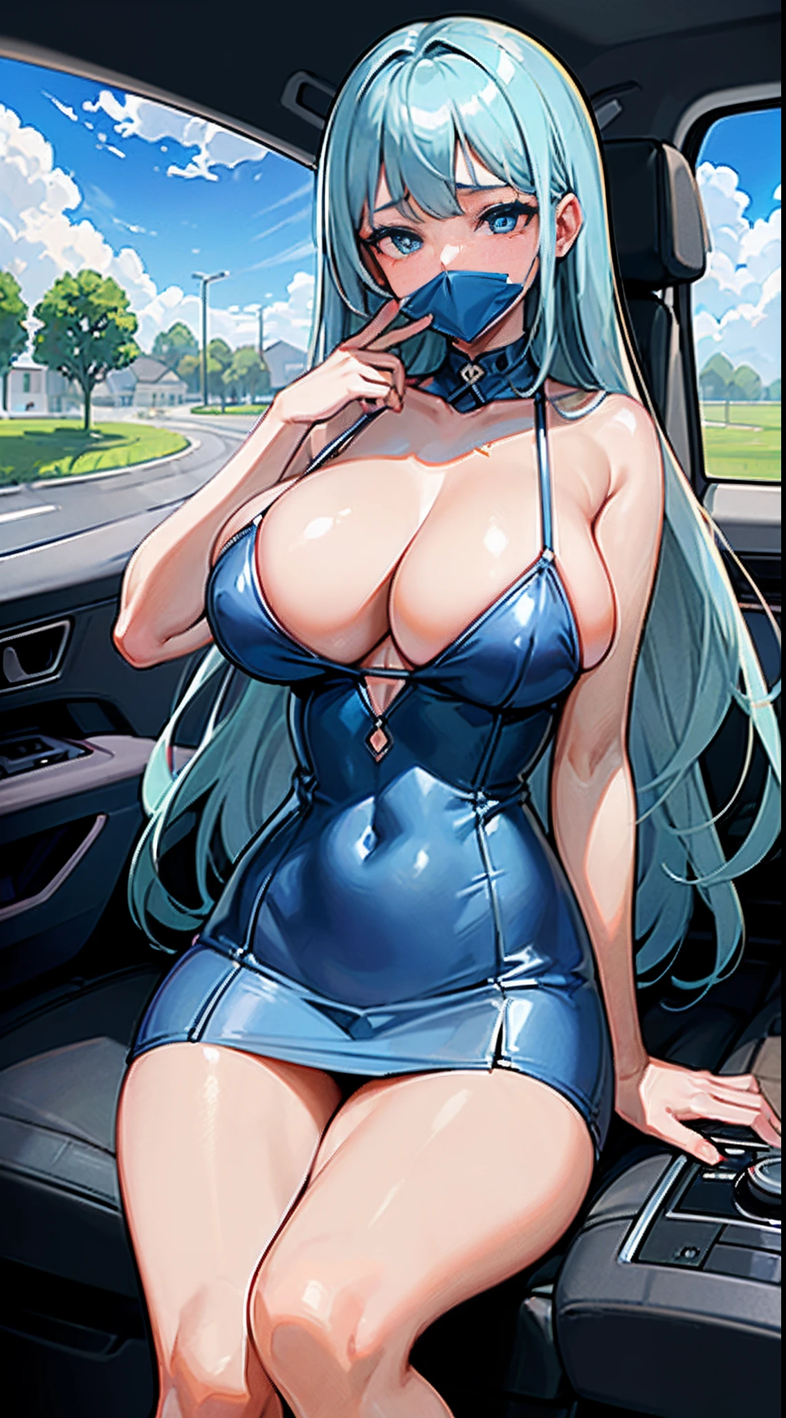 ((1boy,1girl in, Paiz+ilulu, POV crotch, pov hand, grabbing on breasts, All in the mouth of a swallow)), 8K, 超A high resolution, top-notch quality, masutepiece, professional-grade illustration(, cutest detailed beautiful face, Beautiful detailed cute eyes, Light blue double-sided upholstery, huge tit, burst, cleavage), Ultra-, Background: Beautiful sky, inside of a car, Detailed Cloud, Inside the car in ultra-detailed