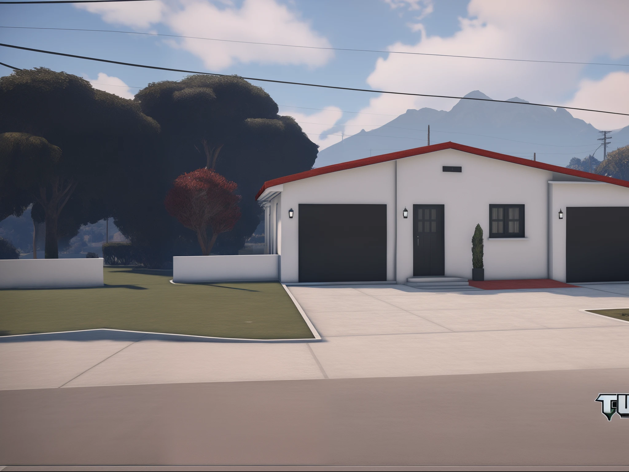 There is a white house with a red roof and a red roof, ((GTA 5 Casa Screenshot)), semi-realistic rendering, Renderizado no Lumion Pro, [ Fotorrealismo 4K ], altamente renderizado!!, Captura de tecido fotorrealista, renderizado em lumion, fully detailed render, renderizado em unreal engine 3d, realista estabelecendo tiro, [ Fotorrealismo 4K ]!!!