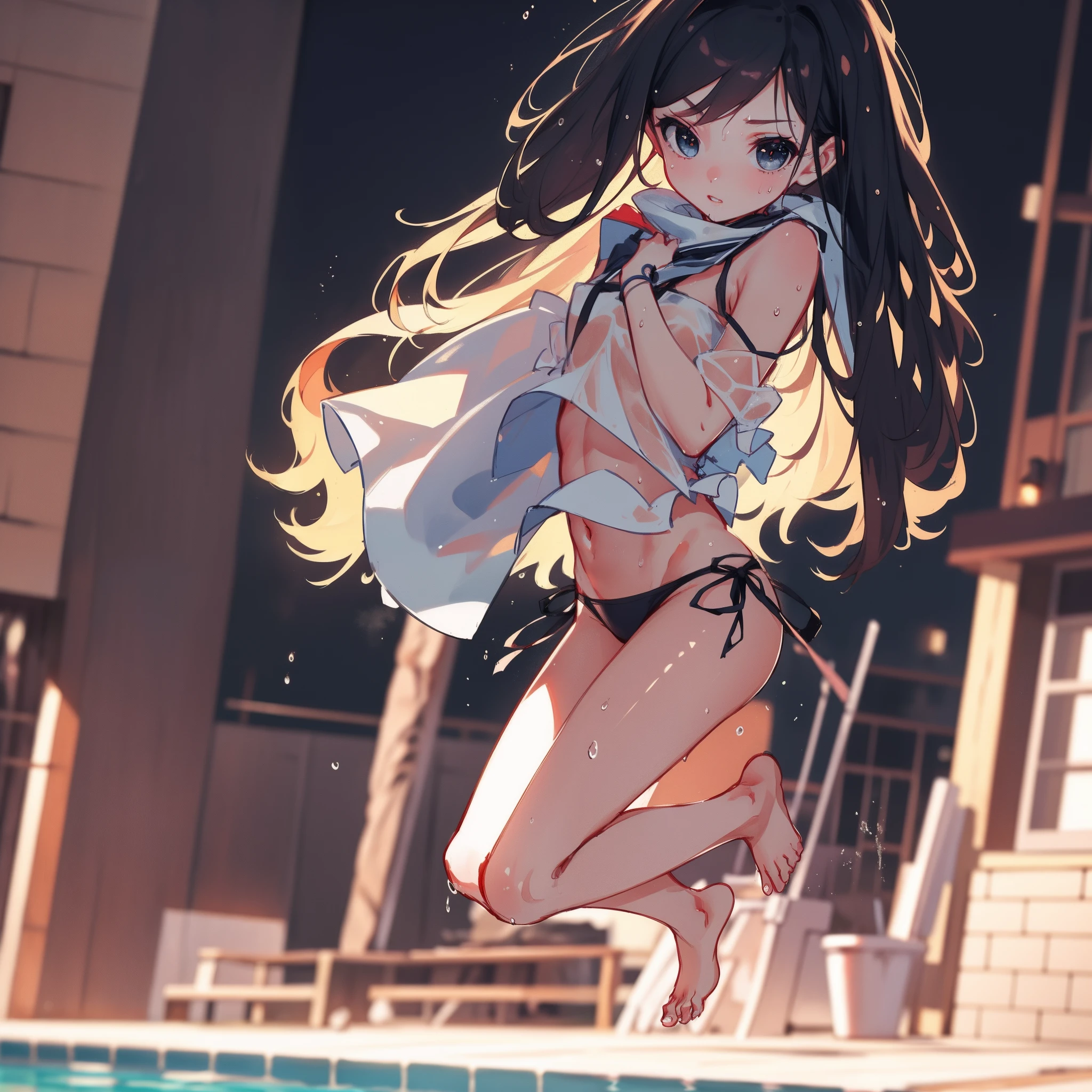 dynamic range,low angle,full body shot,medium shot:1.8,dynamic pose,BRAKE mid summer,wearing sweat,The bikini,Night Pool:1.8,BRAKE action:1.6,jumping into the pool,Blowing in the wind:1.5,Wet hair:1.3,2 girls,BRAKE (Raw photo: 1.2), (Realism: 1.4), (masutepiece: 1.3), (exquisite detailing: 1.2), kiss,Delicate and beautiful details, (Eye Detail), (Facial Detailed), (Highest Quality) :1.4), (Hyper-Resolution: 1.2), cinematric light, (very detailed illustration), Best Quality,depth of fields, Wide light, natural shadows