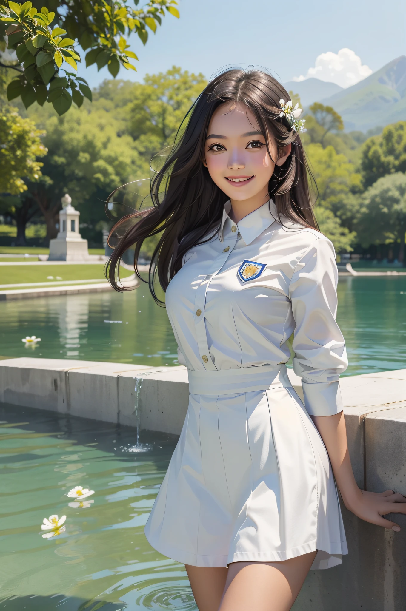 A beautiful girl，A sweet smile，Wearing a white uniform，fresh flowers，lakes，parks