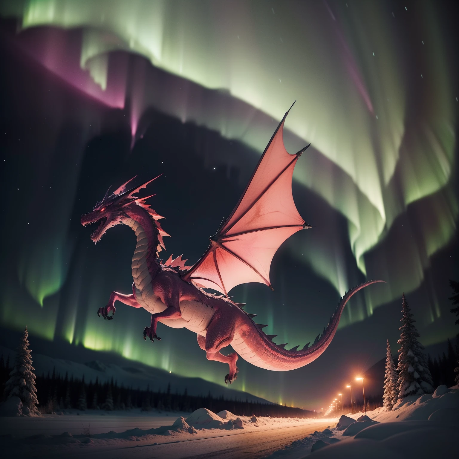 Pink dragon chasing something, high quality photograph, CCTV Video - Raw Style - AR 2:3 - 200 Years//Aurora Borealis in Canadian Yellowknife