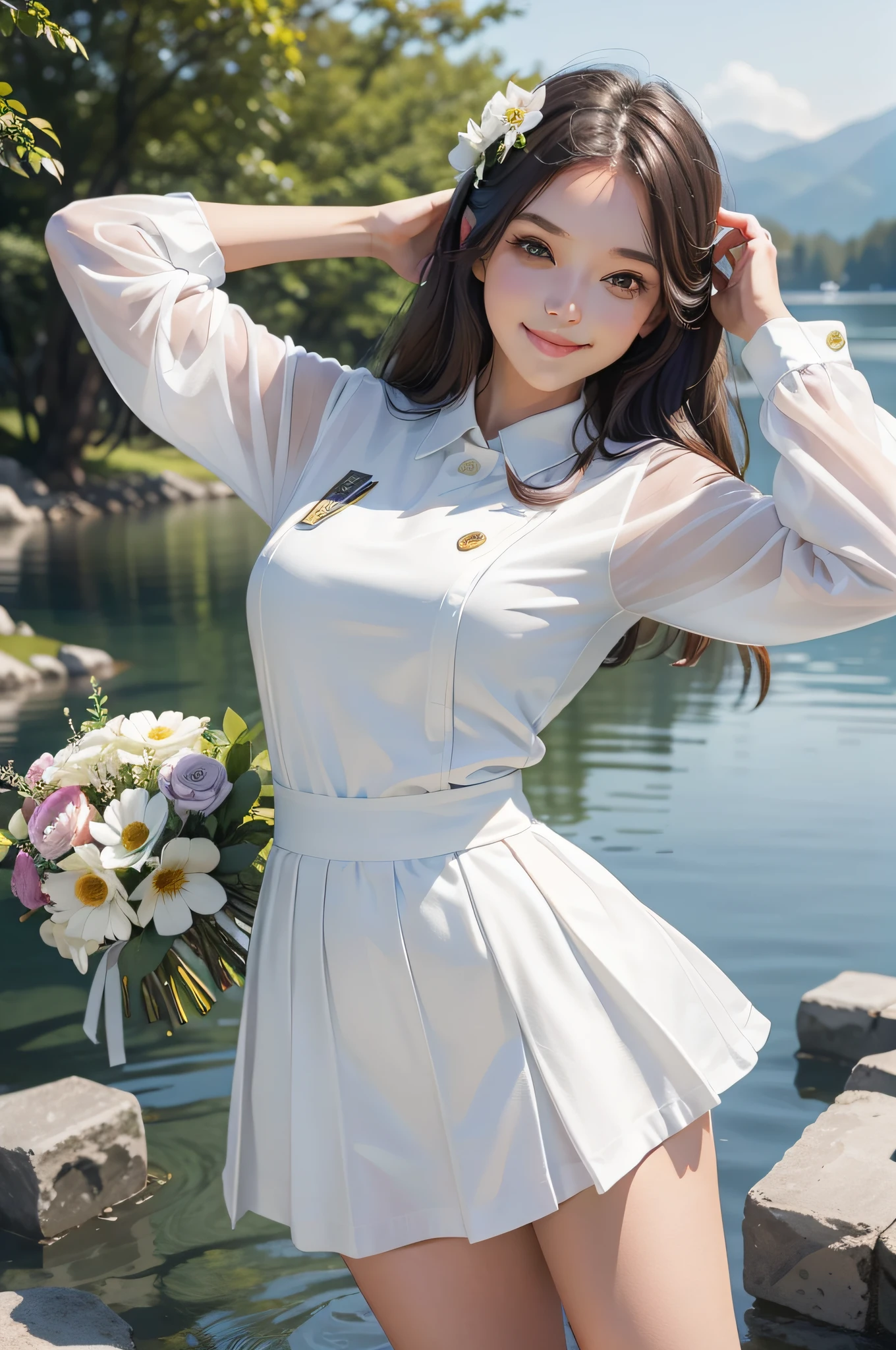A beautiful girl,A sweet smile,Wearing a white uniform,fresh flowers,lakes,parks