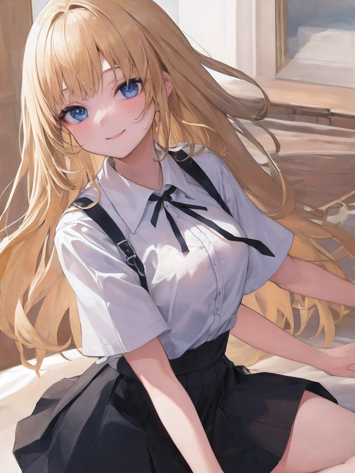 masterpiece, top-quality, hight resolution, Blue eyes, A smile,bangss, white shirt, a black skirt, pleatedskirt, a blond,