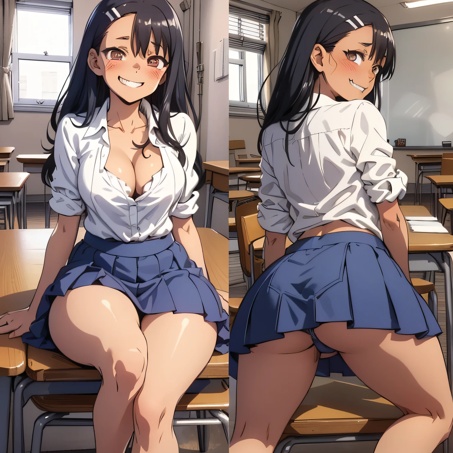nagatoro hayase, blue mini skirt, cleavage, thick legs, perfectly detailed hands, Extremely detailed eyes, small breasts, (from below:1.2), bent over, grin, blush, best quality, masterpiece, perfect lighting, arms behind back, big ass, back view, face, super sexy, detailed crotch, sitting in the classroom chair,