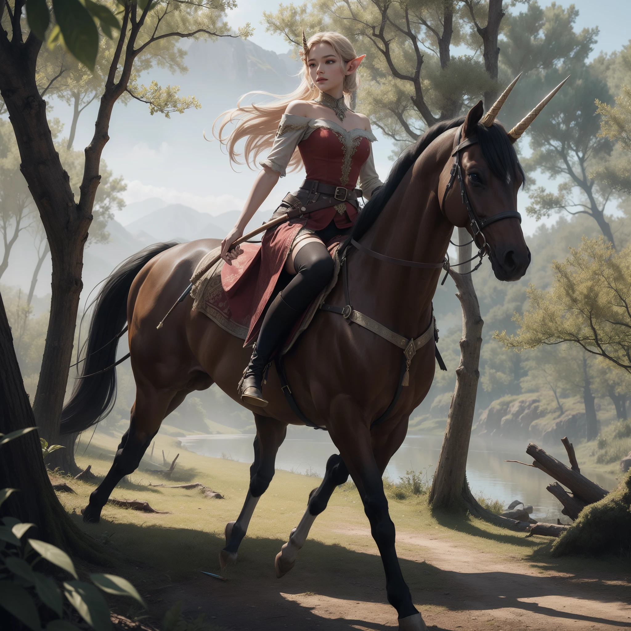 fallen wood,fantastic landscape:1.8,Elves with Spear:1.5,dynamic pose,BRAKE action:1.6,Elf with a Spear:1.5,flat breasts,BRAKE dynamic angle,dutch angle shot,ground-level shot,low angle,full body shot,dynamic range,BRAKE hunter:1.2,One unicorn:1,3, One Girl and One Fairy:1.8,BRAKE Undulating lakes:1.5,deep-forest:1.3,Blowing in the wind:1.6,Has depth:1.3,BRAKE (4K), (Raw photo: 1.2), (Realism: 1.4), (masutepiece: 1.3), (exquisite detailing: 1.2), Delicate and beautiful details, (Eye Detail), (Facial Detailed), (Highest Quality) :1.4), (Hyper-Resolution: 1.2),(very detailed illustration), Best Quality, depth of fields, Wide light, natural shadows