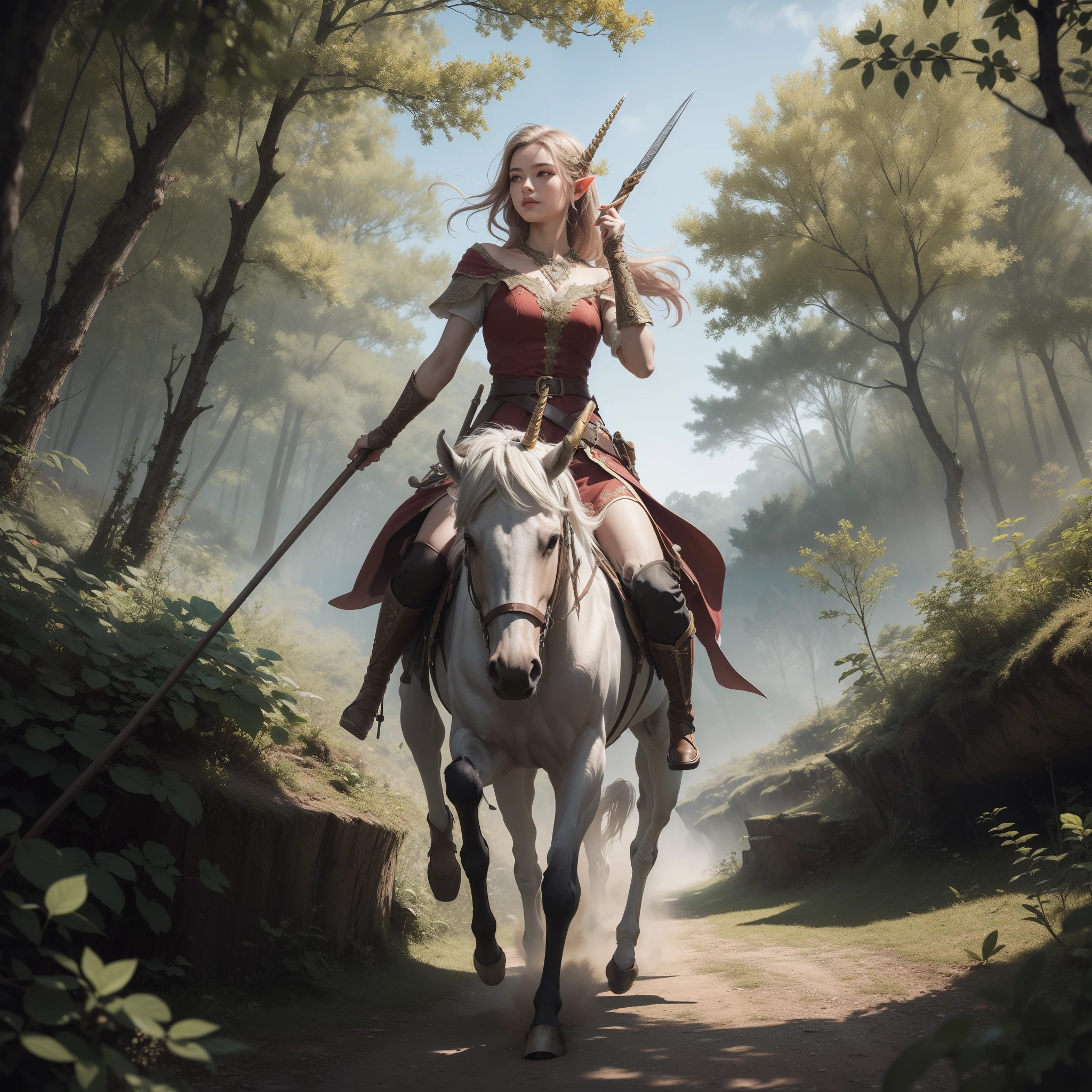 fallen wood,fantastic landscape:1.8,Elves with Spear:1.5,dynamic pose,BRAKE action:1.6,Elf with a Spear:1.5,flat breasts,BRAKE dynamic angle,dutch angle shot,ground-level shot,low angle,full body shot,dynamic range,BRAKE hunter:1.2,One unicorn:1,3, One Girl and One Fairy:1.8,BRAKE Undulating lakes:1.5,deep-forest:1.3,Blowing in the wind:1.6,Has depth:1.3,BRAKE (4K), (Raw photo: 1.2), (Realism: 1.4), (masutepiece: 1.3), (exquisite detailing: 1.2), Delicate and beautiful details, (Eye Detail), (Facial Detailed), (Highest Quality) :1.4), (Hyper-Resolution: 1.2),(very detailed illustration), Best Quality, depth of fields, Wide light, natural shadows