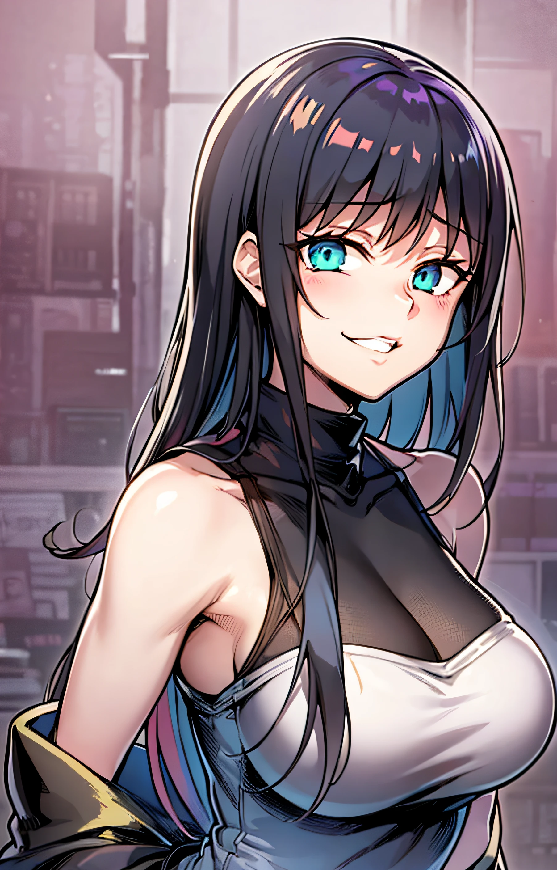Anime girl with black hair and gray top poses for photo, Gapmoe Yandere, Hinata Hyuga, anime moe art style, tall, Nico Robin, shikamimi, gapmoe yandere grimdark, Ecchi anime style, [[[[grinning evily]]]], yuyushiki, harumi