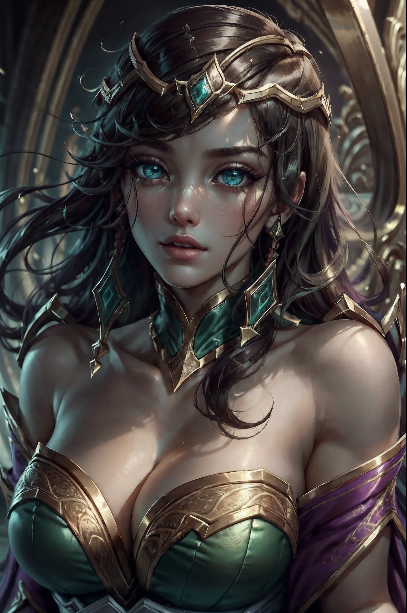 hyper realisitc， （full bodyesbian），（opulent））， league of legend， A high resolution， 1girll， ultra - detailed， （Beautiful details of face and eyes and hair：1.1）， tmasterpiece， s the perfect face， beauitful face， ctextured skin， Beautiful detailed face， Raised sexy， beautidful eyes， tmasterpiece， intricately details， 1girll， looking at viewert ，独奏， Cleavage is seductive， ， Extremely beautiful，big cleavage breasts， Beautiful woman， Beutiful women， A half body， Impeccable， Kalmar， （sexyposture：1.2）， hair adornments，  looking at viewert，greene eyes，