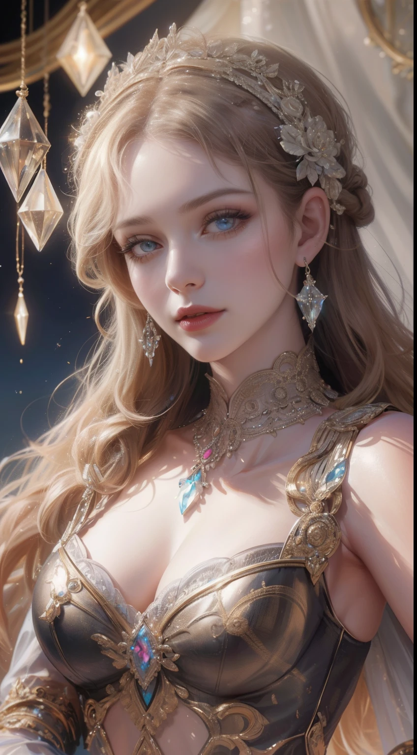 tmasterpiece，Highest high resolution，Bust of a beautiful noble maiden，Delicate braided hair，Coiled hair，Shining clear eyes，The hair is covered with beautiful and delicate floral craftsmanship, crystal、Diamond jewelry filigree，Ultra-detailed details，upscaled，softlighting。