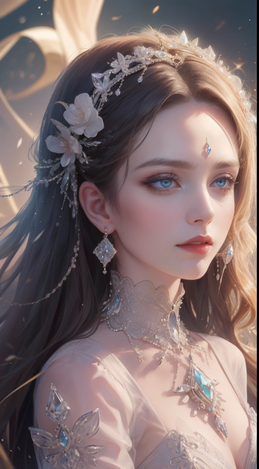 tmasterpiece,Highest high resolution,Bust of a beautiful noble maiden,Delicate braided hair,Coiled hair,Shining clear eyes,The hair is covered with beautiful and delicate floral craftsmanship, crystal、Diamond jewelry filigree,Ultra-detailed details,upscaled,softlighting。