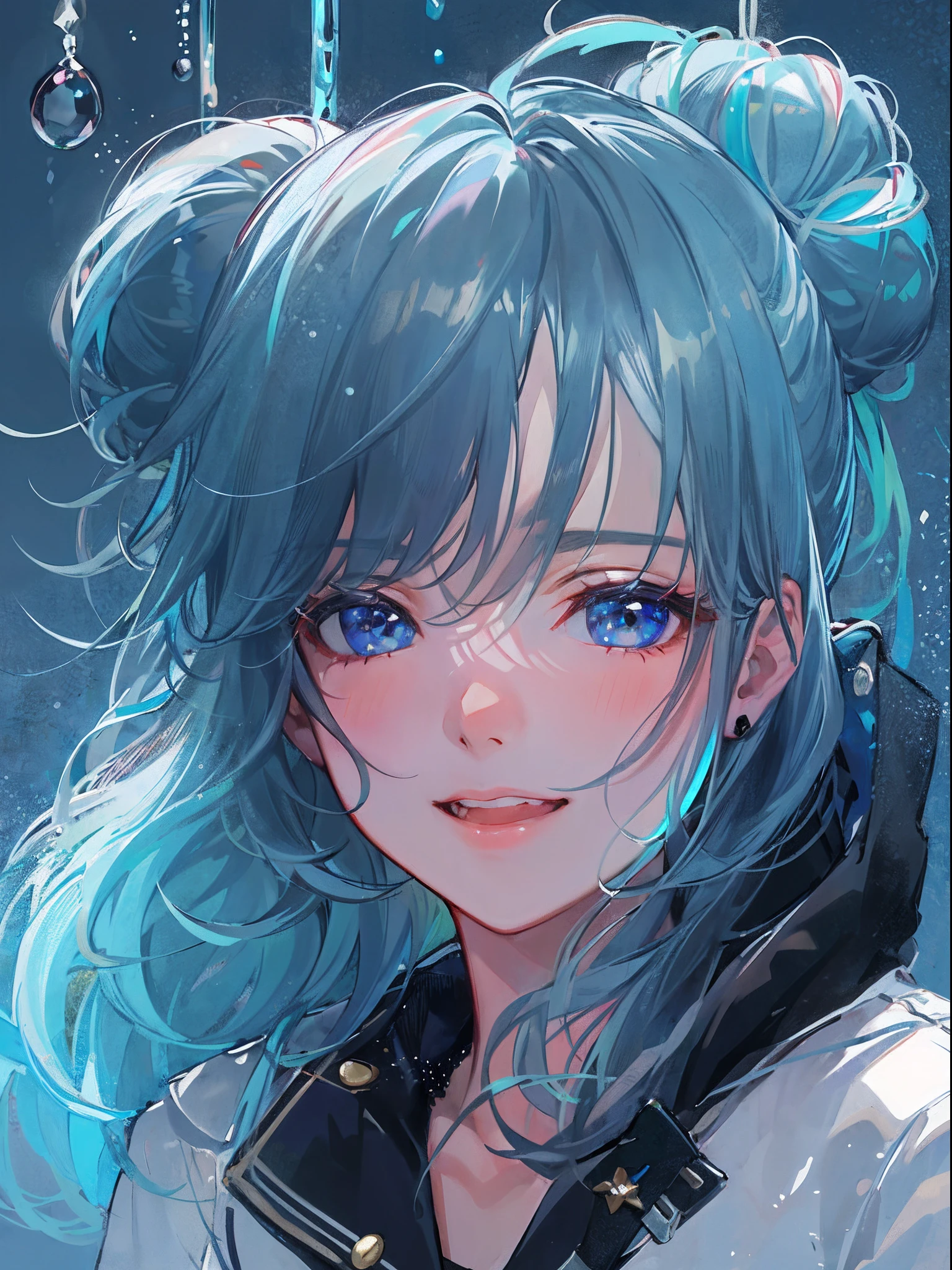 ((top-quality)), ((masterpiece)), ((ultra-detailliert)), (extremely delicate and beautiful), girl with, 独奏, cold attitude,((Black jacket)),She is very(relax)with the(Settled down)Looks,A dark-haired, depth of fields,evil smile,Bubble, under the water, Air bubble,bright light blue eyes,Inner color with black hair and light blue tips,Cold background,Bob Hair - Linear Art, shortpants、knee high socks、White uniform like school uniform、Light blue ribbon ties、Clothes are sheer、Hands in pockets、chaina hair,Bun hair