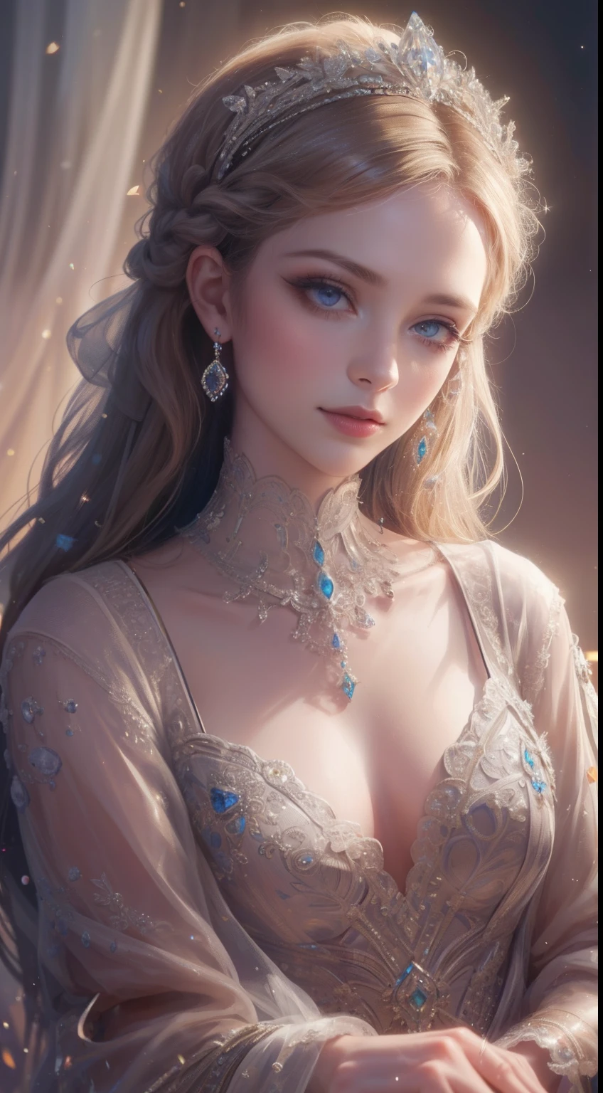 tmasterpiece，Highest high resolution，Bust of a beautiful noble maiden，Delicate braided hair，Coiled hair，Shining clear eyes，The hair is covered with beautiful and delicate floral craftsmanship, crystal、Diamond jewelry filigree，Ultra-detailed details，upscaled，softlighting。