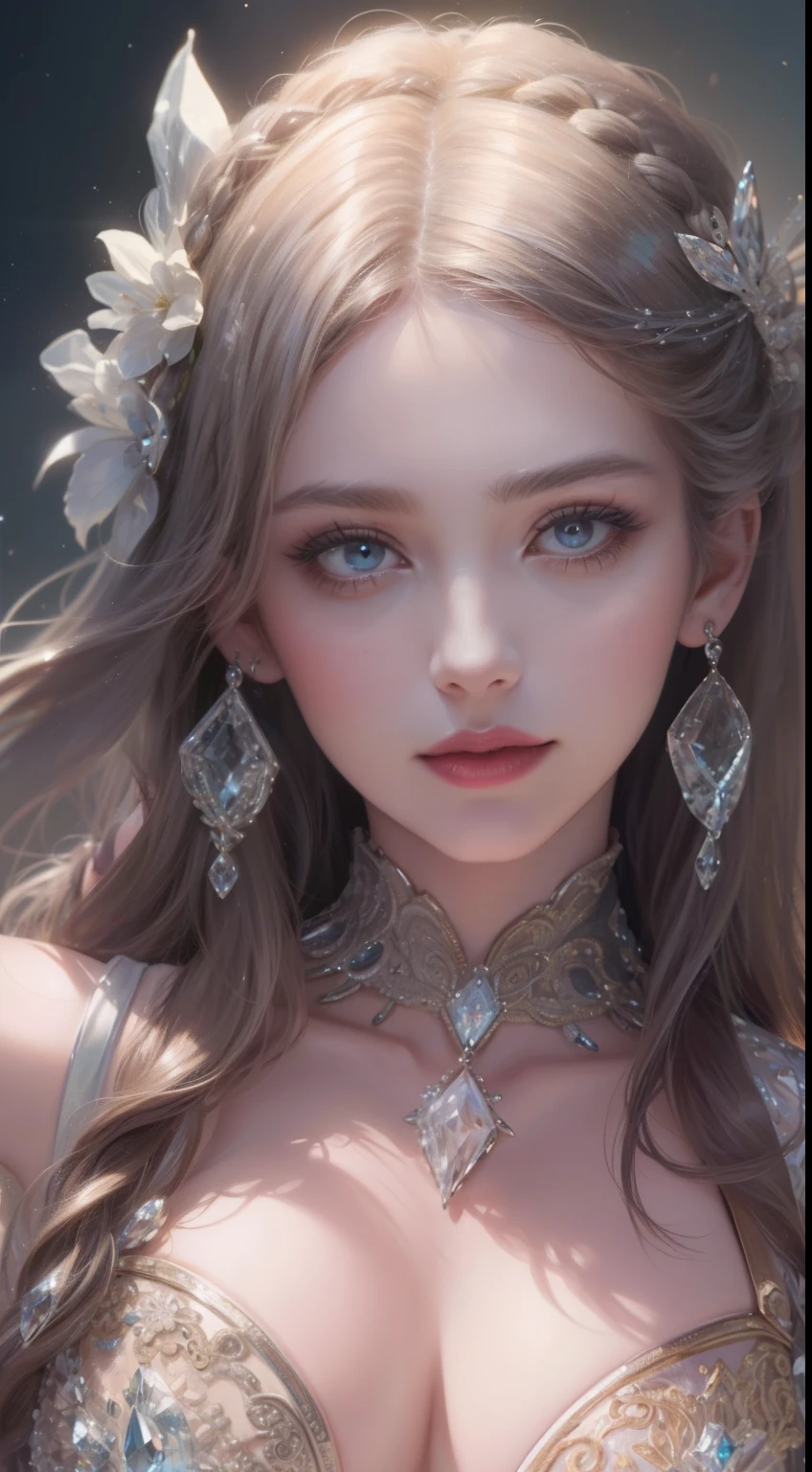 tmasterpiece,Highest high resolution,Bust of a beautiful noble maiden,Delicate braided hair,Coiled hair,Shining clear eyes,The hair is covered with beautiful and delicate floral craftsmanship, crystal、Diamond jewelry filigree,Ultra-detailed details,upscaled,softlighting。