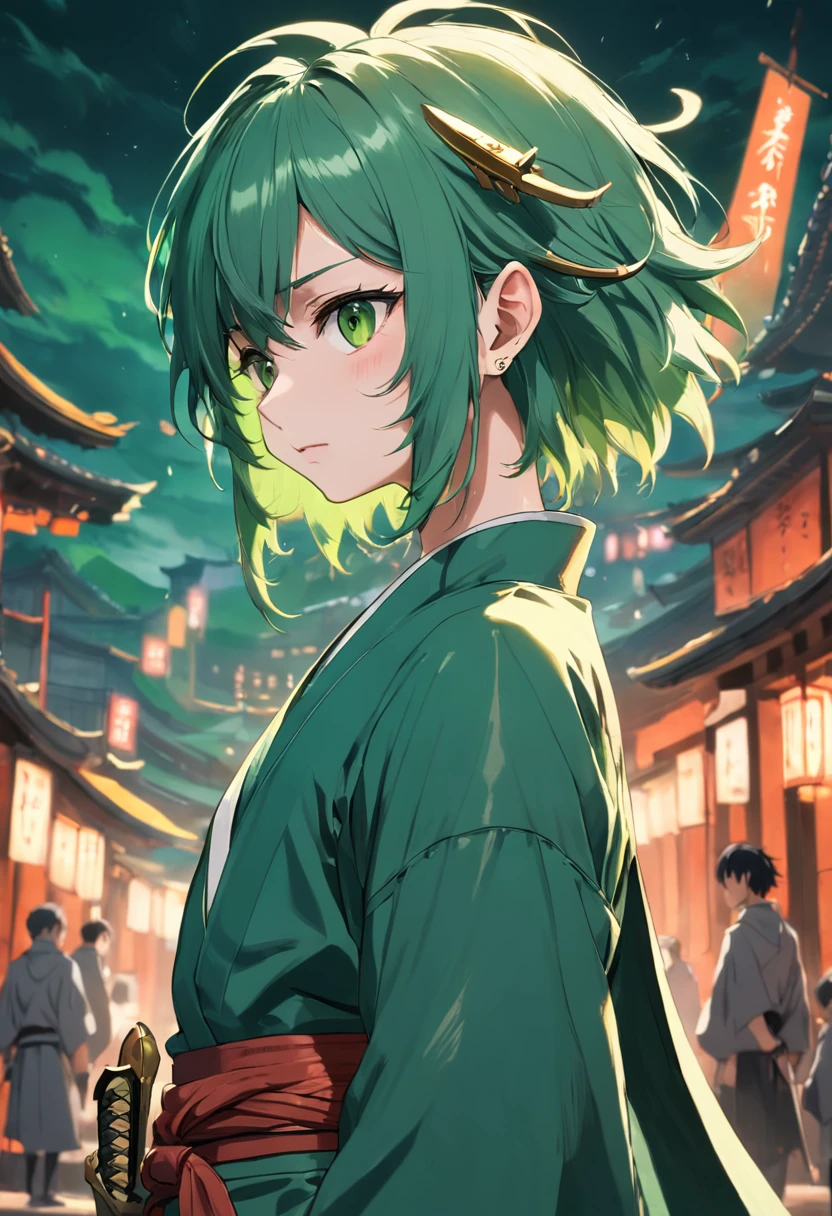 Green hair，brush cut，Male swordsman，wearing a green robe，With three knives，With gold stud earrings on his ears