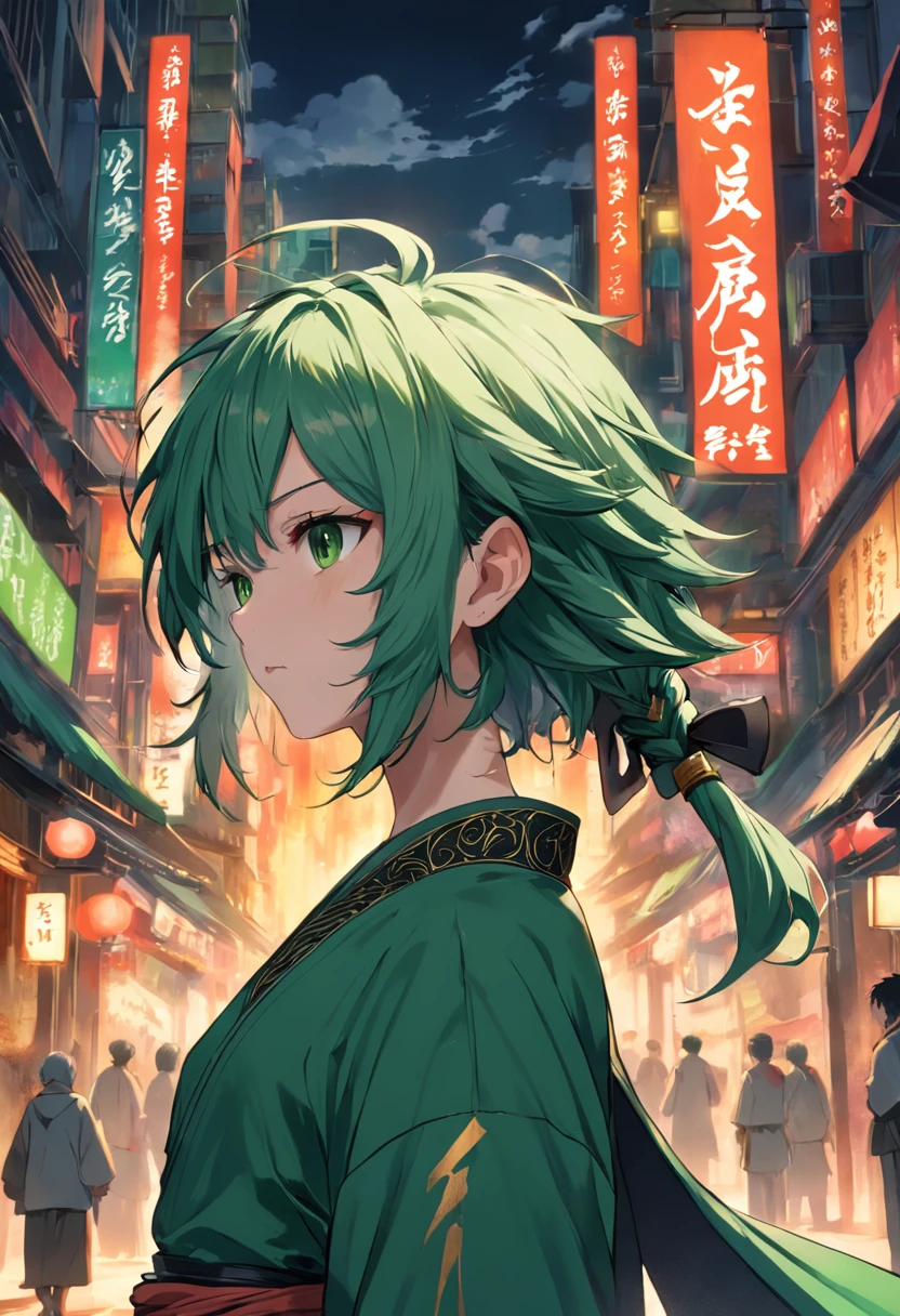 Green hair,brush cut,Male swordsman,wearing a green robe,With three knives,With gold stud earrings on his ears