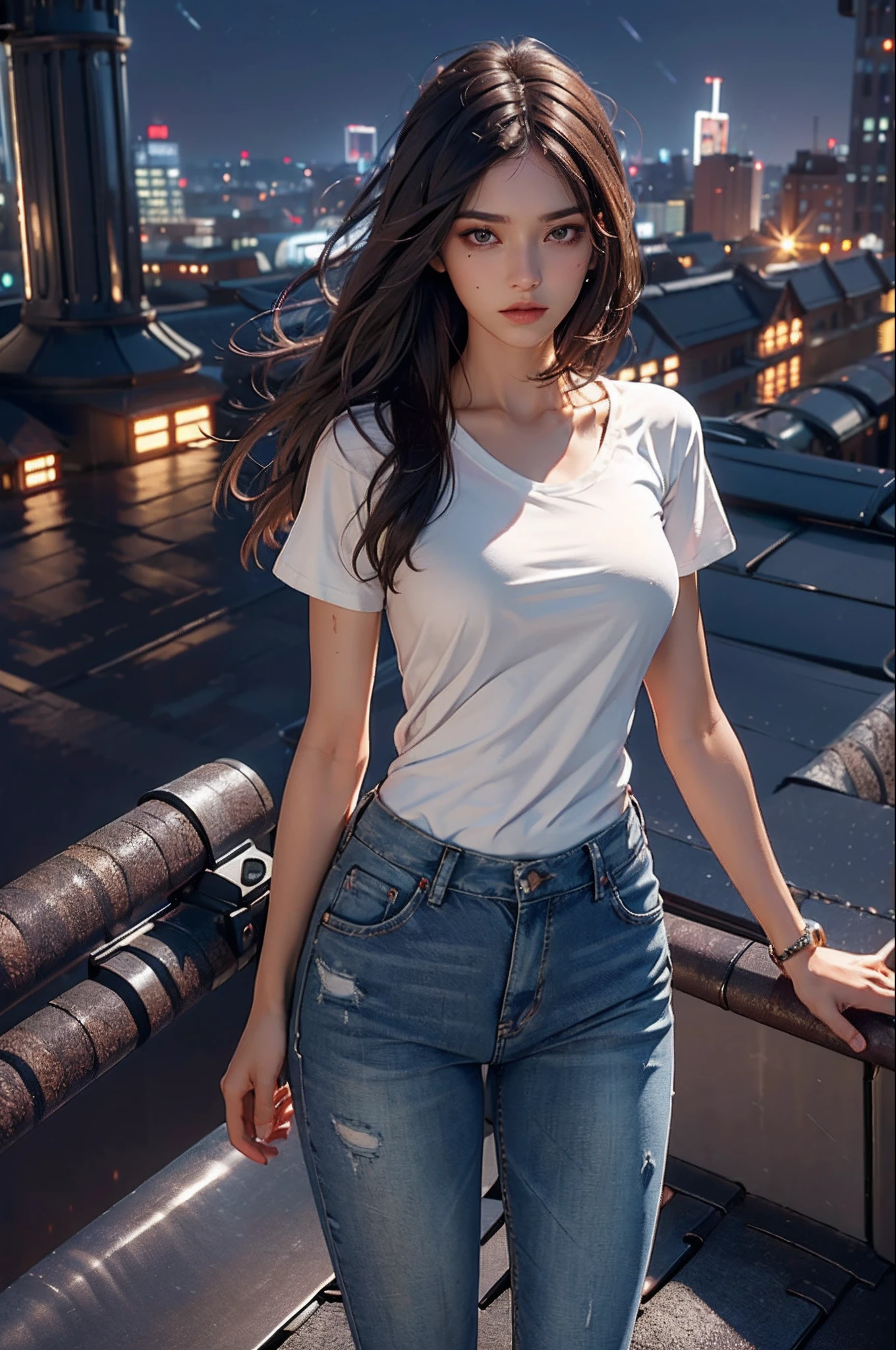 ((Midnight, Best quality, 8k, Masterpiece :1.3)), Whole body, Long legs, Sharp focus :1.2, A pretty woman with perfect figure :1.4, Slender abs :1.1, ((Dark brown hair, Big breasts :1.2)), (White tight tshirt, Jean bib, Standing:1.2), ((Night city view, Rooftop:1.3)), Highly detailed face and skin texture, Detailed eyes, Double eyelid
