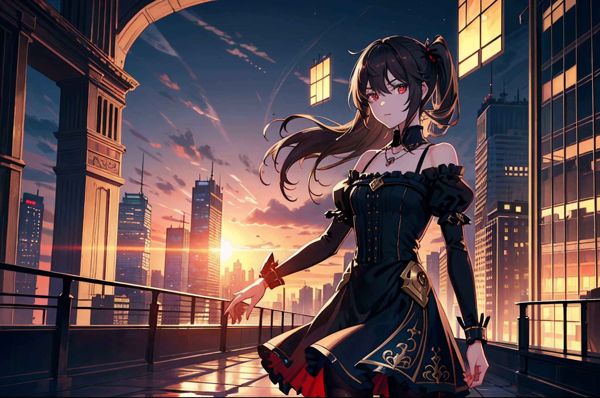 ((extremely detailed CG unity 8k wallpaper,masterpiece,best quality,ultra-detailed,best shadow)), rooftop, skyscraper, (night, panorama, (scenic)), from_behind,
1girl, solo,vampire, (fangs:0.7) long_hair, (dark brown hair), side_ponytail, red_eyes, (detailed face), (detailed eyes), small_chest, collar_bones, (ornate dress:1.3), hold,
skirt, pendant, (pantyhose:1.1), (ass:0.7),
looking over city, (cybernetic sun), stained_glass butterfly hairtie,
