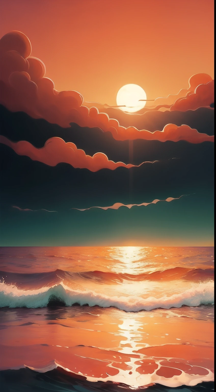 The red sun sets on a very smooth sea, Paintings by Vincent van Gogh, Calm composition, pastel colour, Orange-yellow and light blue