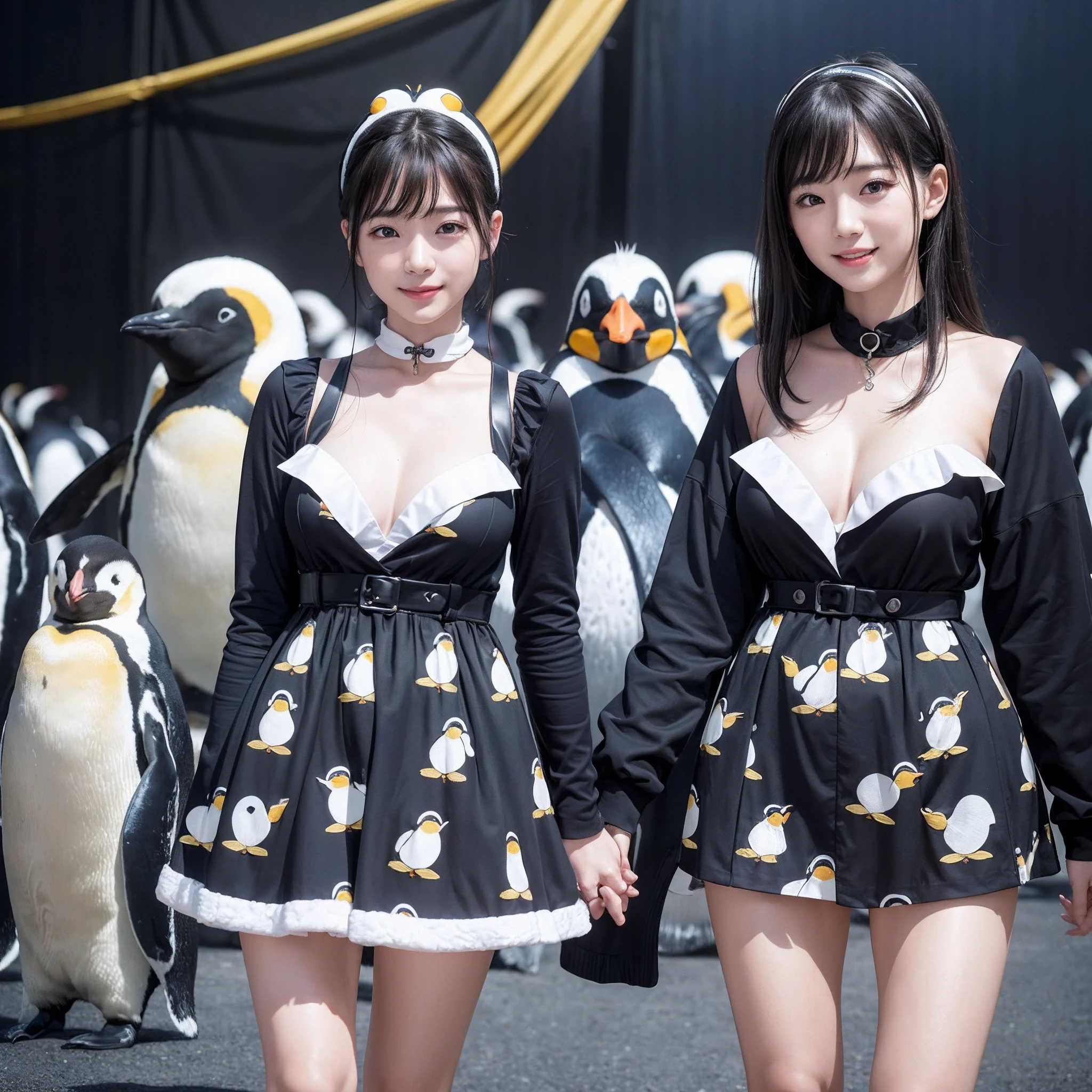 (8K、RAW Photos、top-quality、masterpiece:1.5)、(realisitic、Photorealsitic:1.5)、ultra-detailliert、超A high resolution、lighting like a movie、(((Idols who love penguins)))、(((Japan 16 year old girls)))、(((Wearing a cute costume with a penguin motif)))、(A lot of penguins:1.5)、cute smile face、Happy and energetic atmosphere、dynamic ungle、动态照明
