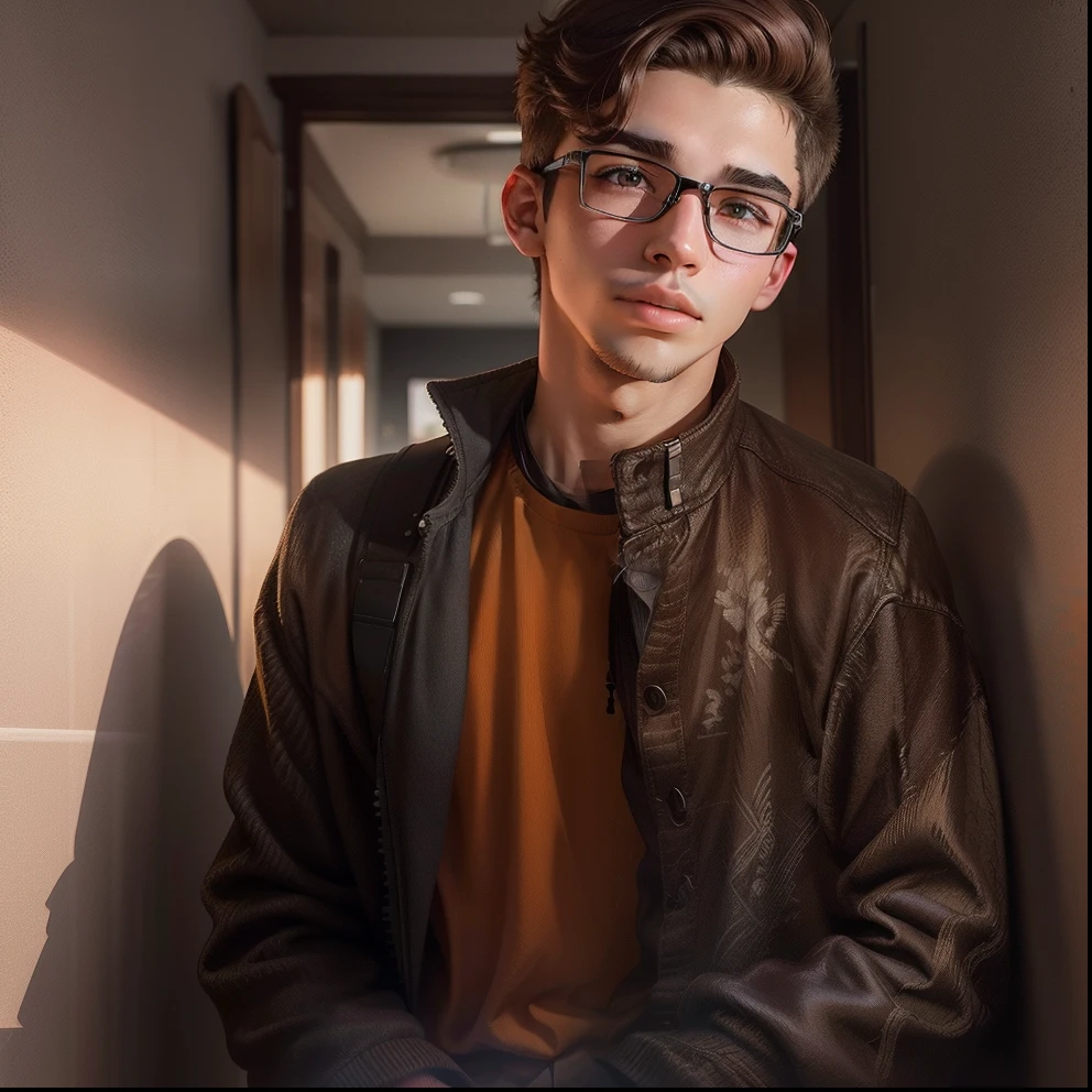 18yr old,brown hair,Single Eyelids,Male college student,high qulity,with glasses,catss,head portrait
