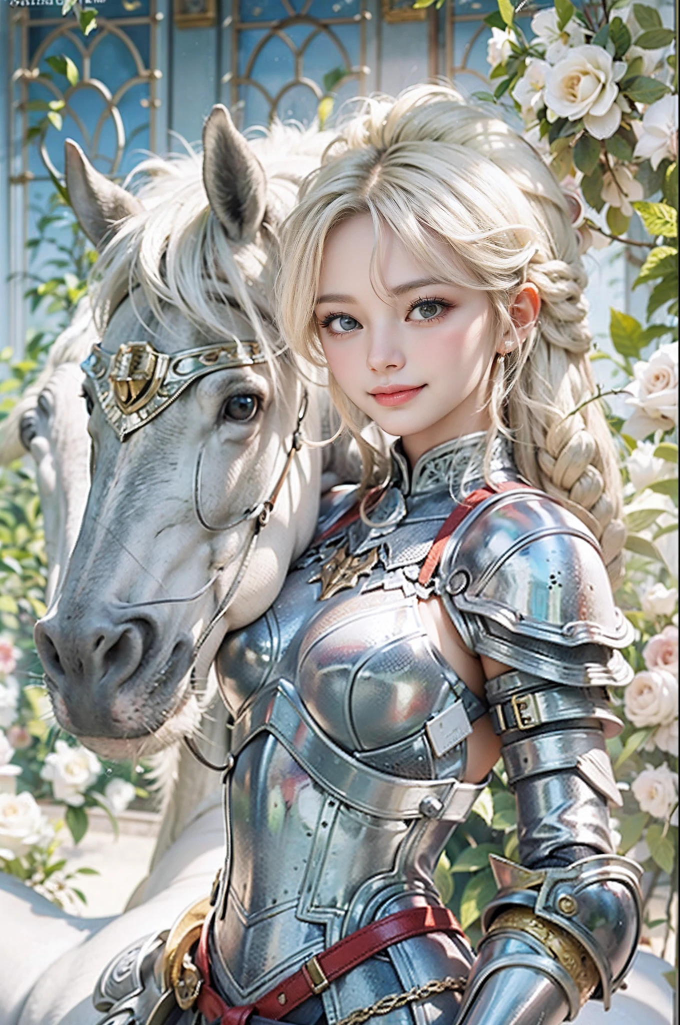 ((top-quality,tmasterpiece, Ultra-detailed)),ung female knight, (ultra hd photo), (Professional photography), Grand background, masutepiece, Cinematic light, Beautiful, (Shiny blonde hair), Medium hair, Braids, wavey hair, Shining eyes, Blue eyes,(A smile full of strength:1.2), Stylish silver half-plates and dress armor, (Rose garden), in isekai,Medieval Europe,(White horse:1.6), chies,Covered with thorns, Lens flare, Perfect lighting,