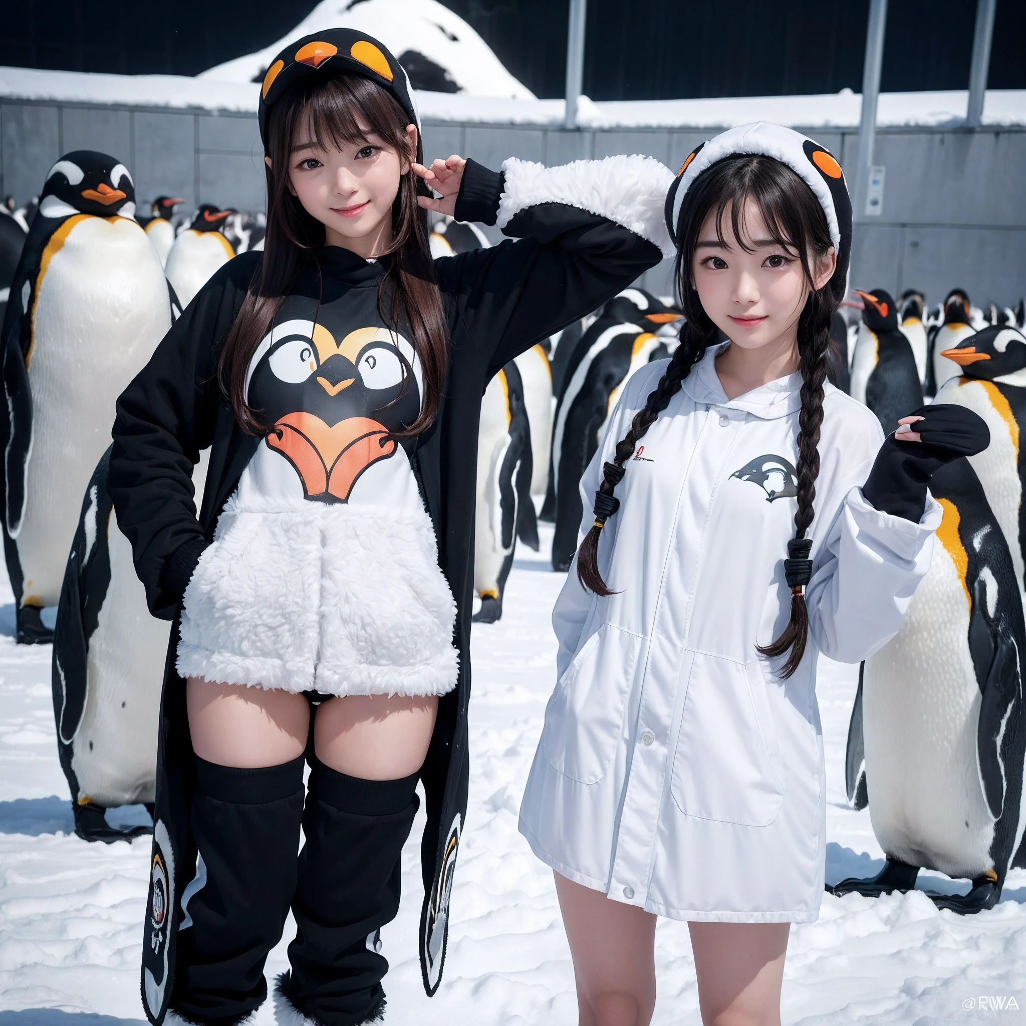 (8K、RAW Photos、top-quality、​masterpiece:1.5)、(realisitic、Photorealsitic:1.5)、ultra-detailliert、超A high resolution、lighting like a movie、(((Idols who love penguins)))、(((Japan 16 year old girls)))、(((Wearing a cute costume with a penguin motif)))、(A lot of penguins:1.5)、cute smile face、Happy and energetic atmosphere、dynamic ungle、动态照明