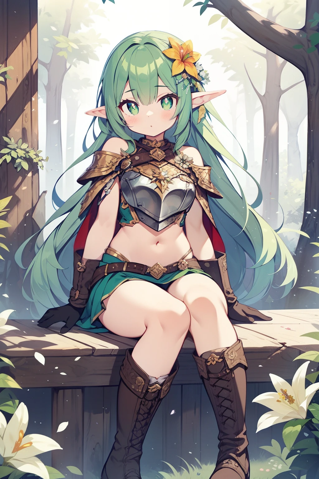 1girl in, Solo, Perfect body, (Super Detail:1.1), (Best Quality:1.1), Cute Girl, elvish, Elven ears, Green clothes, Navel Ejection, Shoulder out, light green hair, (Wooden bow:1.1), the woods, Sitting on a tree branch, Semi-long hair, (Intake:1.1), emerald eyes, (Ultra-detailed eyes:1.1), (ultra-intricate pupil in eyes:1.2), boots, Hemp gloves, breastplates, Lily flower hair ornament,