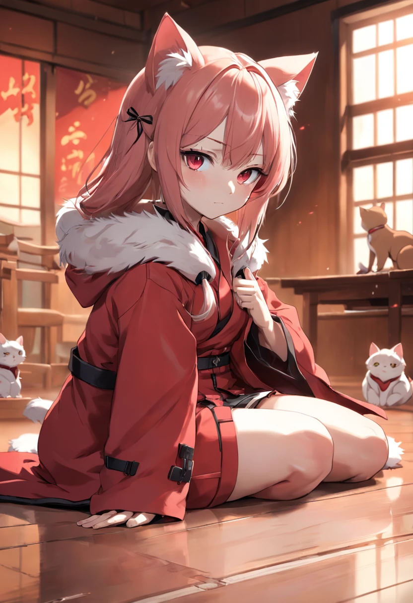 Anime girl with mouse ears and red coat on tatami room, Cat girl around，anime style 4 k, kawacy, Anime girl with cat ears, anime catgirl, Anime art wallpaper 8k, beautiful anime catgirl, cute anime catgirl, badass anime 8 K, anime art wallpaper 4k, anime art wallpaper 4k, 4k anime wallpaper, guweiz