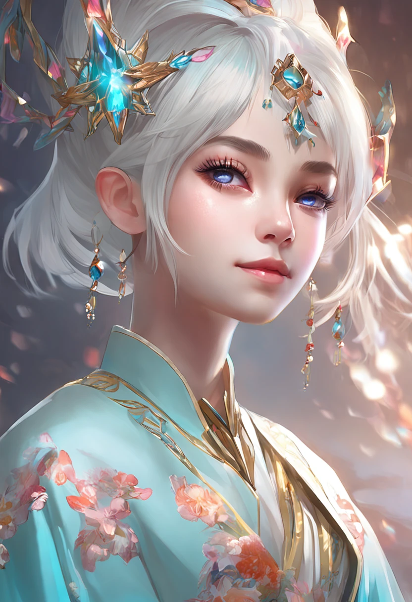 (Masterpiece), (art work), (Amazing work), (Detailed eyes), (Delicate skin), (heterochromatic eyes:1.333)0.4], (Multicolored, different, Heterochromatic:1.122)0.4], Highlight her colorful eyes, different, (Short white hair with bangs), (Sparkling eyes), (1girll) White cat ears, Wearing a plain white Taoist robe，The outside is dressed in a light cyan gown, Masterpiece, Best quality, Best Illustration
