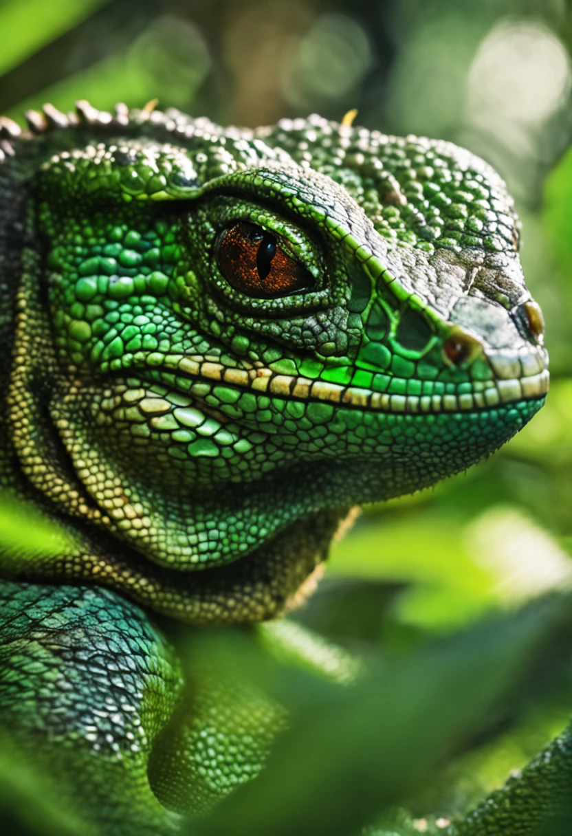 High nation-geographic symmetrical close-up portrait shoot in green jungle of an expressive lizard, anamorphic lens, ultra-realistic, hyper-detailed, green-core, jungle-core –ar 16:9 –q 2 –v 5
