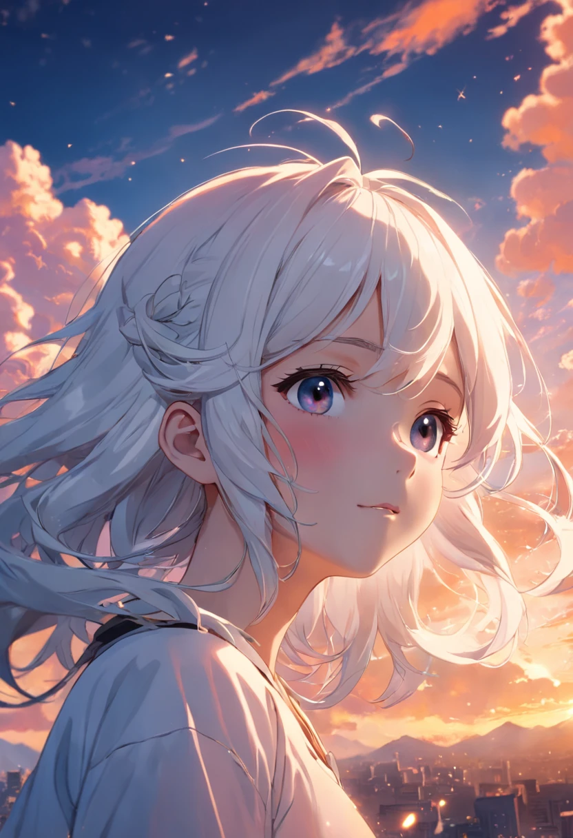 tmasterpiece,best qualtiy,cinematic Film still from,1girl,Cloud Girl,white color hair,Floating in the sky,closeup cleavage,brightly,cheerfulness,Warm and soft lighting,the sunset,(spark of light:0.7)