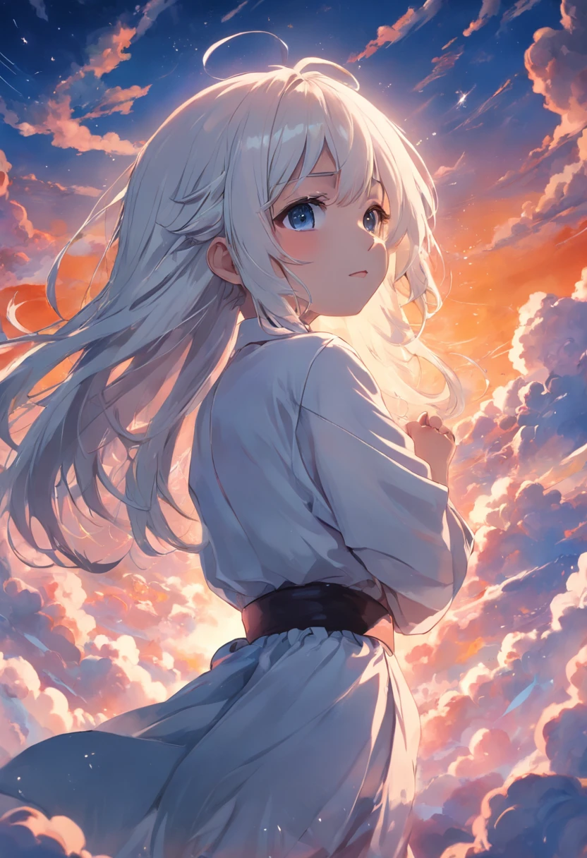 tmasterpiece,best qualtiy,cinematic Film still from,1girl,Cloud Girl,white color hair,Floating in the sky,closeup cleavage,brightly,cheerfulness,Warm and soft lighting,the sunset,(spark of light:0.7)