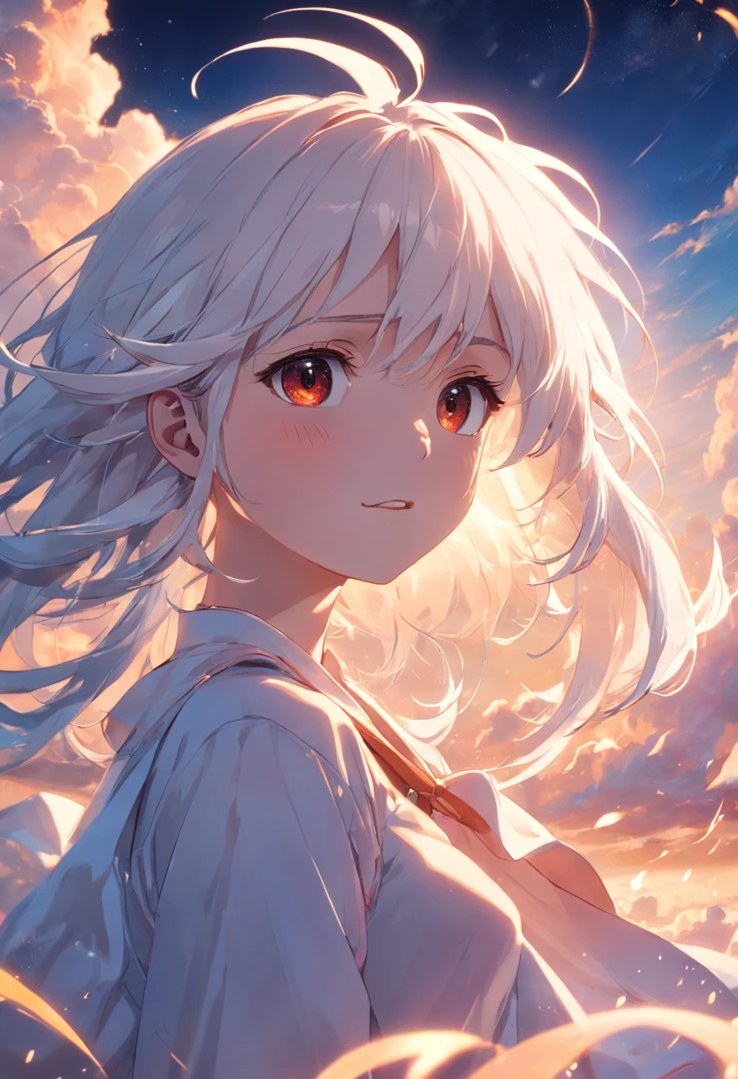 tmasterpiece,best qualtiy,cinematic Film still from,1girl,Cloud Girl,white color hair,Floating in the sky,closeup cleavage,brightly,cheerfulness,Warm and soft lighting,the sunset,(spark of light:0.7)