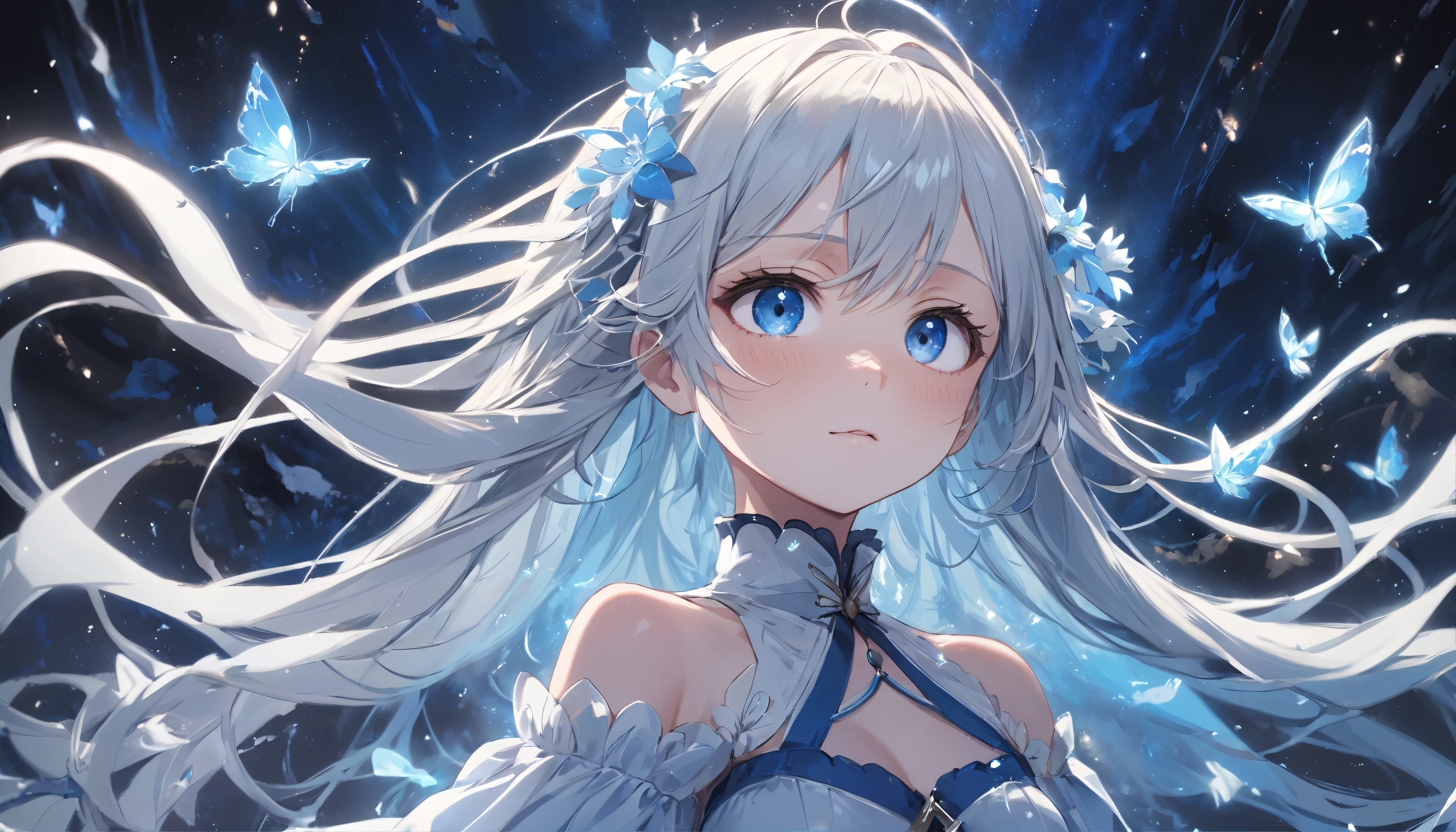 Masterpiece, Best quality, cinematic Film still from, (down view),Dynamic Angle,Ultra-detailed, illustration, Close-up, straight on, 1girll, (fantasy:1.4), (azureblueeyes:1.233),Her eyes shone like dreamy stars,(Glowing eyes:1.233),(Beautiful and detailed eyes:1.1),(Silver hair:1.14),(Messy hair,Very long hair,french braid,hair between eye,side locks), (+(bule hair flower:1.14)),(Chiffon dress,bule flower pattern in uniform)/=(army suit:1.24),(Detached sleeves,Wide sleeves),(Fingerless gloves),choker necklace,(miko thighhighs),high heels boots,(Expressionless,Closed mouth),(standing), (classical Princess boudoir with dressing tableand french windowin a white ancient palaces),(White flowers,full bloom),(abyssal),(Flowing water),(a dull blue world tree:1.14),(废墟),(Night:1.2),Dreamy,soul,(Fluorescence),(flying translucent blue butterflies:1.15), [[Delicate fingers and hands:0.55]::0.85],(Detail fingers),(yubao:0.5),