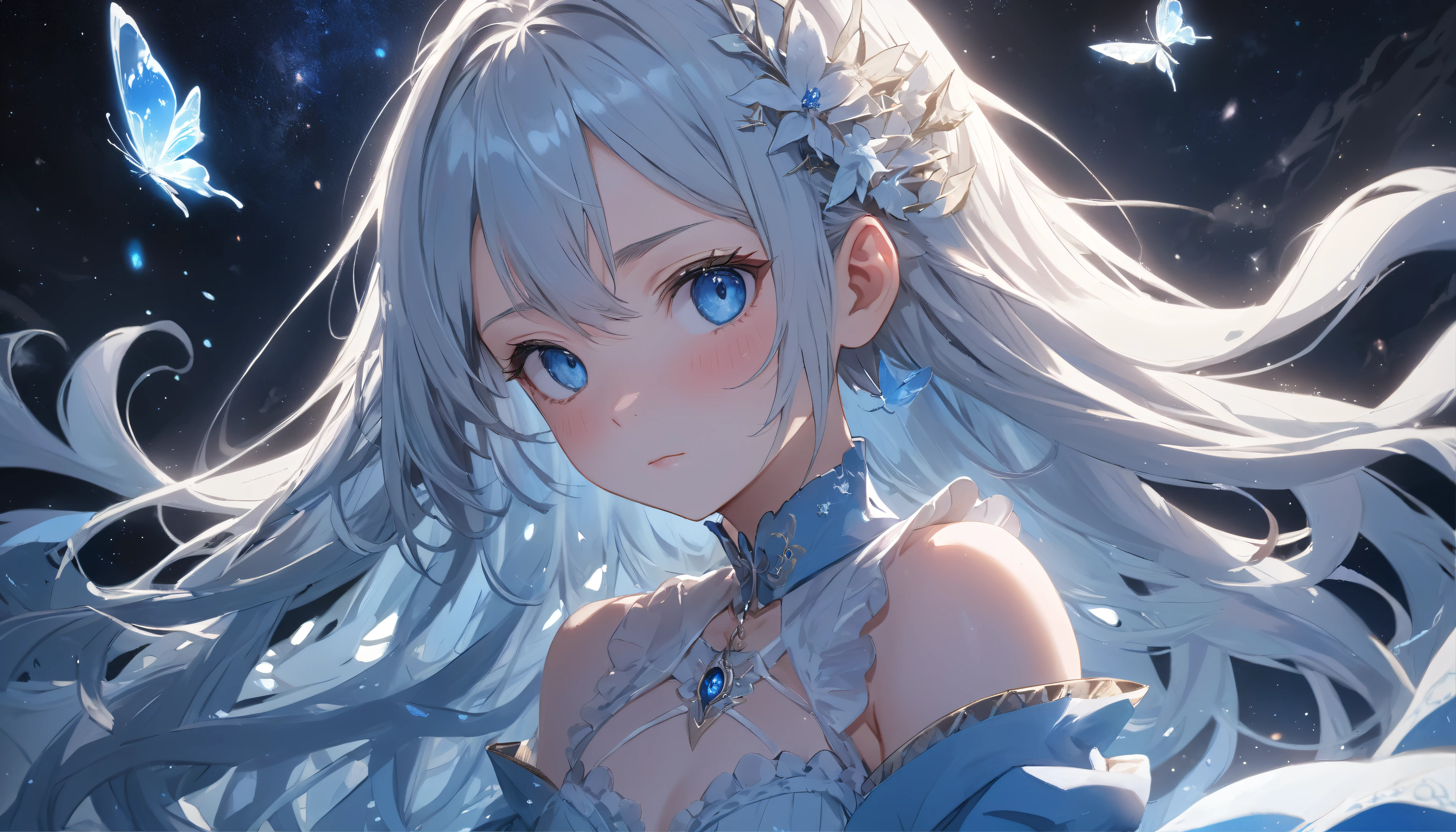 Masterpiece, Best quality, cinematic Film still from, (down view),Dynamic Angle,Ultra-detailed, illustration, Close-up, straight on, 1girll, (fantasy:1.4), (azureblueeyes:1.233),Her eyes shone like dreamy stars,(Glowing eyes:1.233),(Beautiful and detailed eyes:1.1),(Silver hair:1.14),(Messy hair,Very long hair,french braid,hair between eye,side locks), (+(bule hair flower:1.14)),(Chiffon dress,bule flower pattern in uniform)/=(army suit:1.24),(Detached sleeves,Wide sleeves),(Fingerless gloves),choker necklace,(miko thighhighs),high heels boots,(Expressionless,Closed mouth),(standing), (classical Princess boudoir with dressing tableand french windowin a white ancient palaces),(White flowers,full bloom),(abyssal),(Flowing water),(a dull blue world tree:1.14),(废墟),(Night:1.2),Dreamy,soul,(Fluorescence),(flying translucent blue butterflies:1.15), [[Delicate fingers and hands:0.55]::0.85],(Detail fingers),(yubao:0.5),