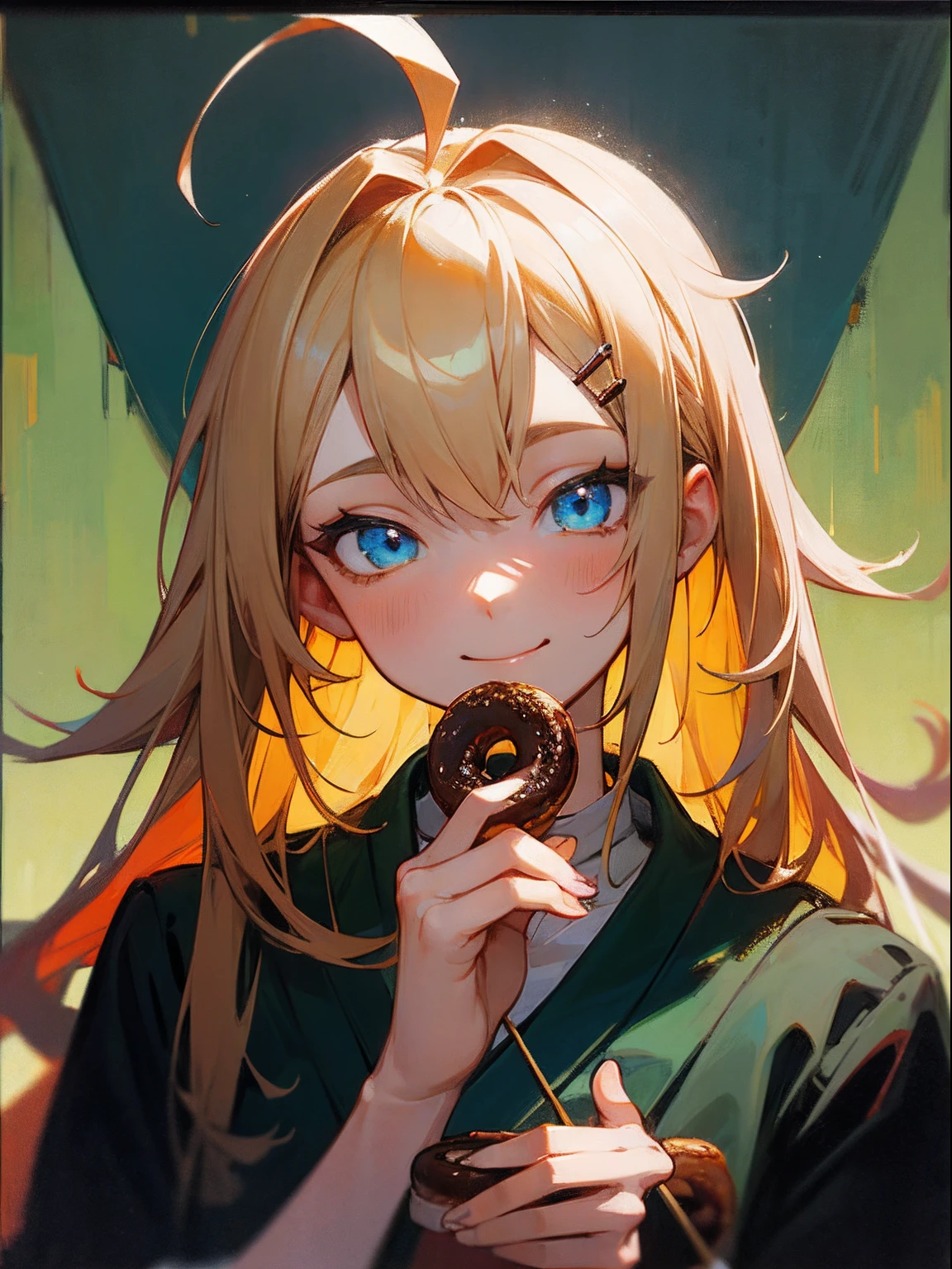 Single Portrait, a 20 yo woman, Smile, Impression, (Oil Painting), Green and orange tones, String Maki, hair pin, a blond, Long hair, (Glowing blue eyes)、Ahoge、eating a donut
