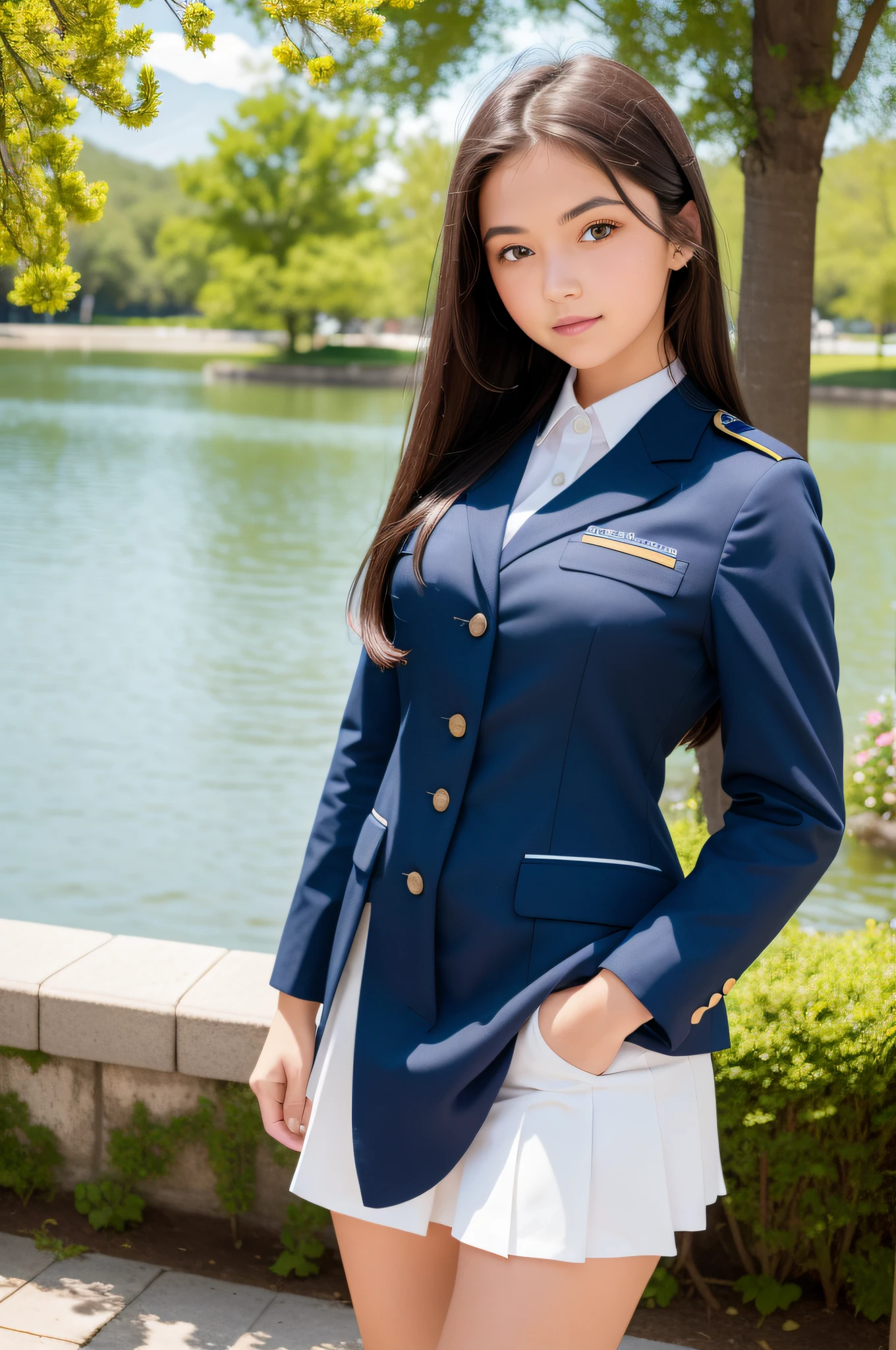 A beautiful girl，Wearing a uniform，fresh flowers，lakes，parks