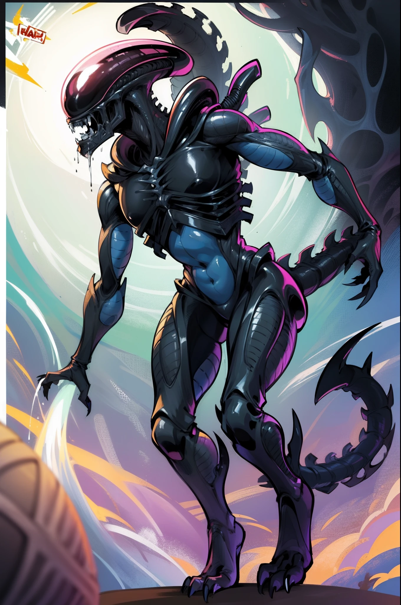 Desenhe um Xenomorfo do filme Alien, Iconic creature known for its creepy appearance and biomechanics. Be sure to include the characteristic details, as the elongated head, the double mouth with a second inner jaw, os olhos escuros e brilhantes, o exoesqueleto negro e brilhante, the sharp claws on the hands and feet, e o longo, Flexible tail. The Xenomorph should be in a threatening pose, com uma postura agressiva e intimidadora. Use sua criatividade para adicionar sombras e texturas para destacar detalhes e criar uma atmosfera sinistra, (((((Male version of the creature))))), (Kinematic), (melhor qualidade), (qualidade 8k), (corpo completo detalhado), (Pose dinamica de luta), ((masculine appearance)), (sem seios)
